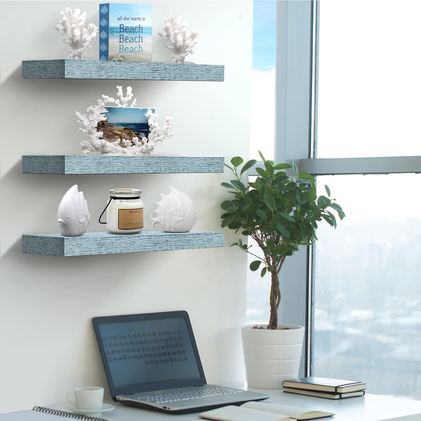 Sorbus Floating Shelves 3 Pack 16 Inch Blue Wall Shelves