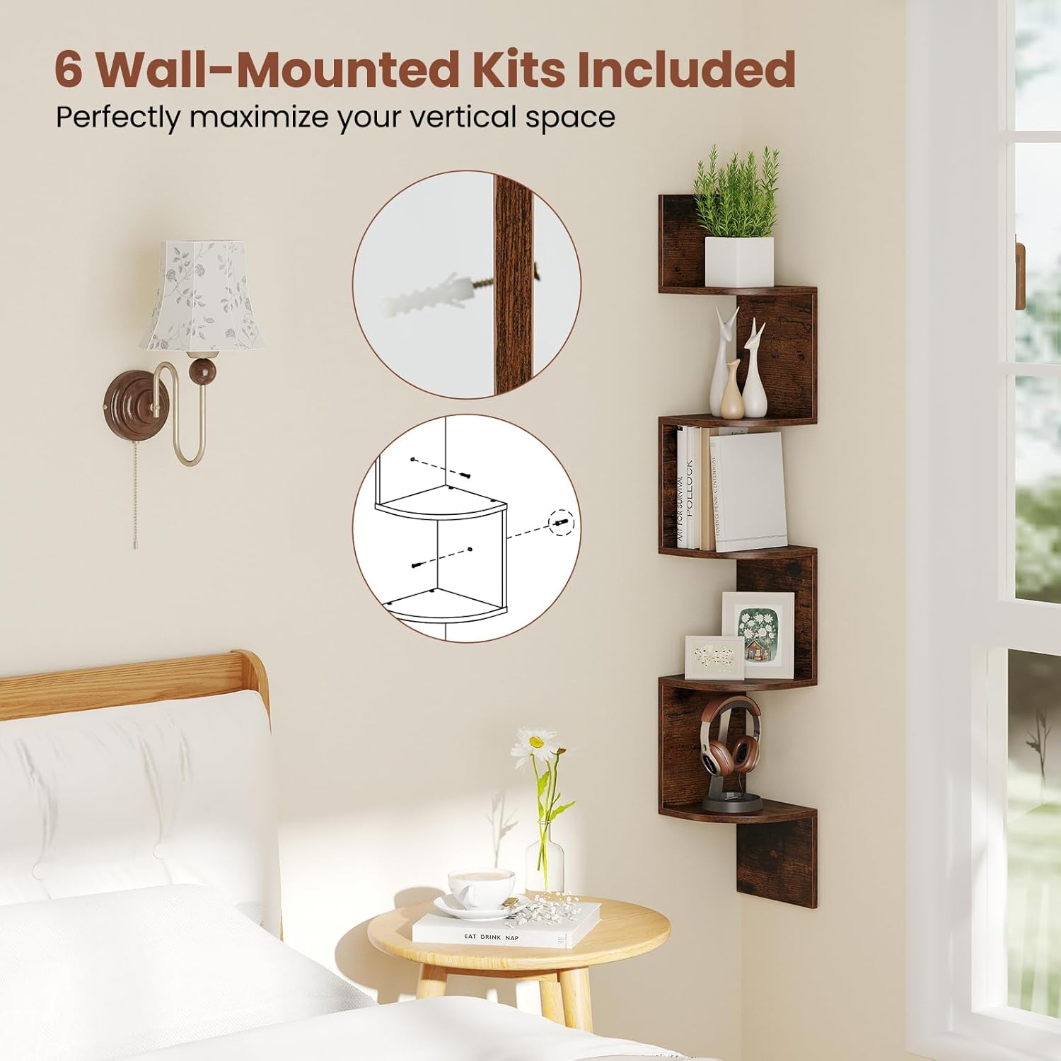 Giantex 5-Tier Floating Corner Bookshelf Wall Mounted Rustic Brown