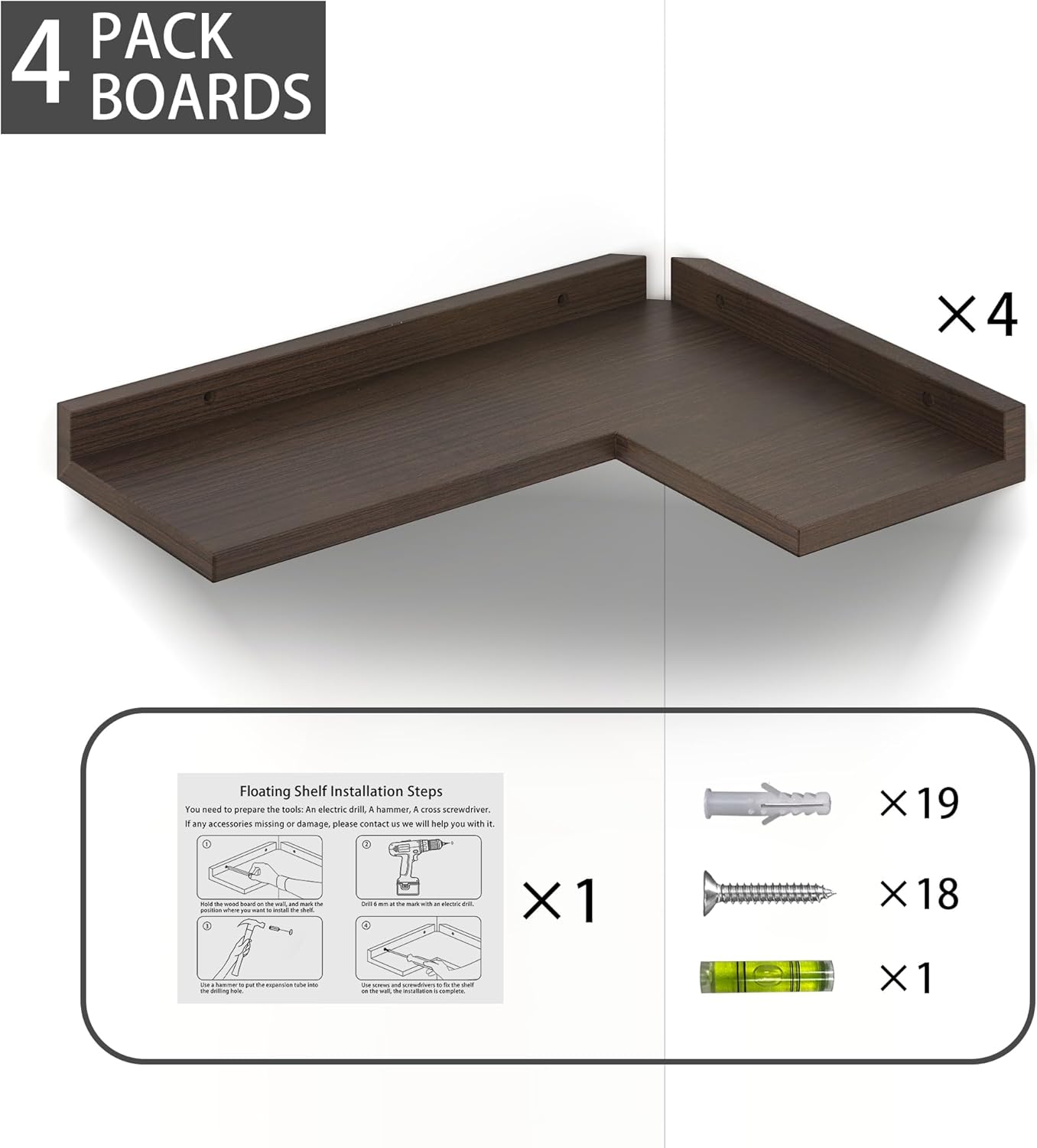 4 Tier Floating Corner Shelves - Rustic Walnut Wall Mount