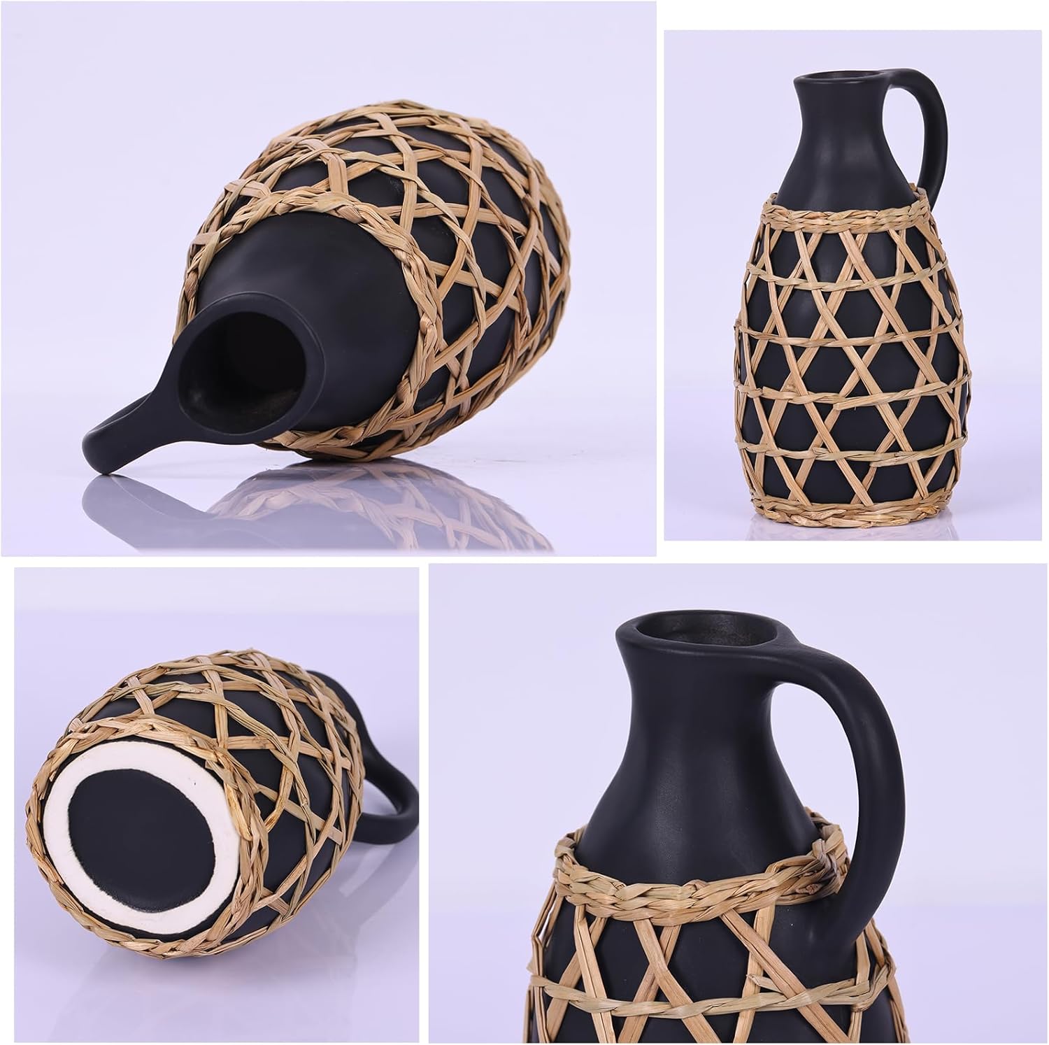 Rustic Farmhouse Ceramic Vase with Hand Woven Raffia