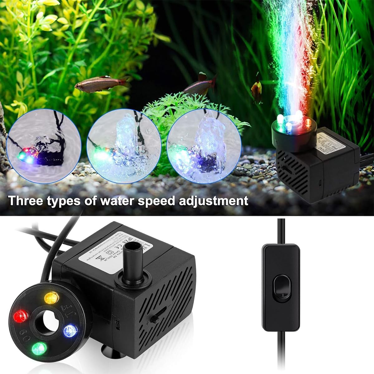 Mini Fountain Pump with LED Lights and Switch