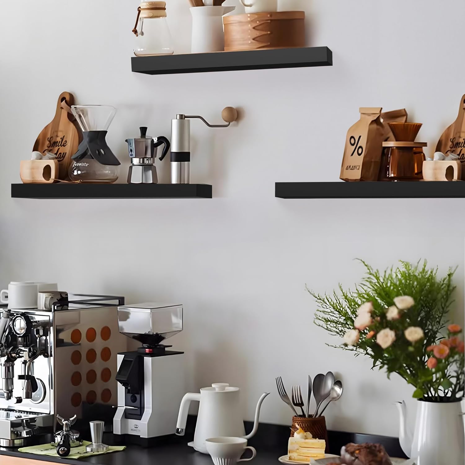 Colima Set of 3 Floating Wall Shelves Black Wood