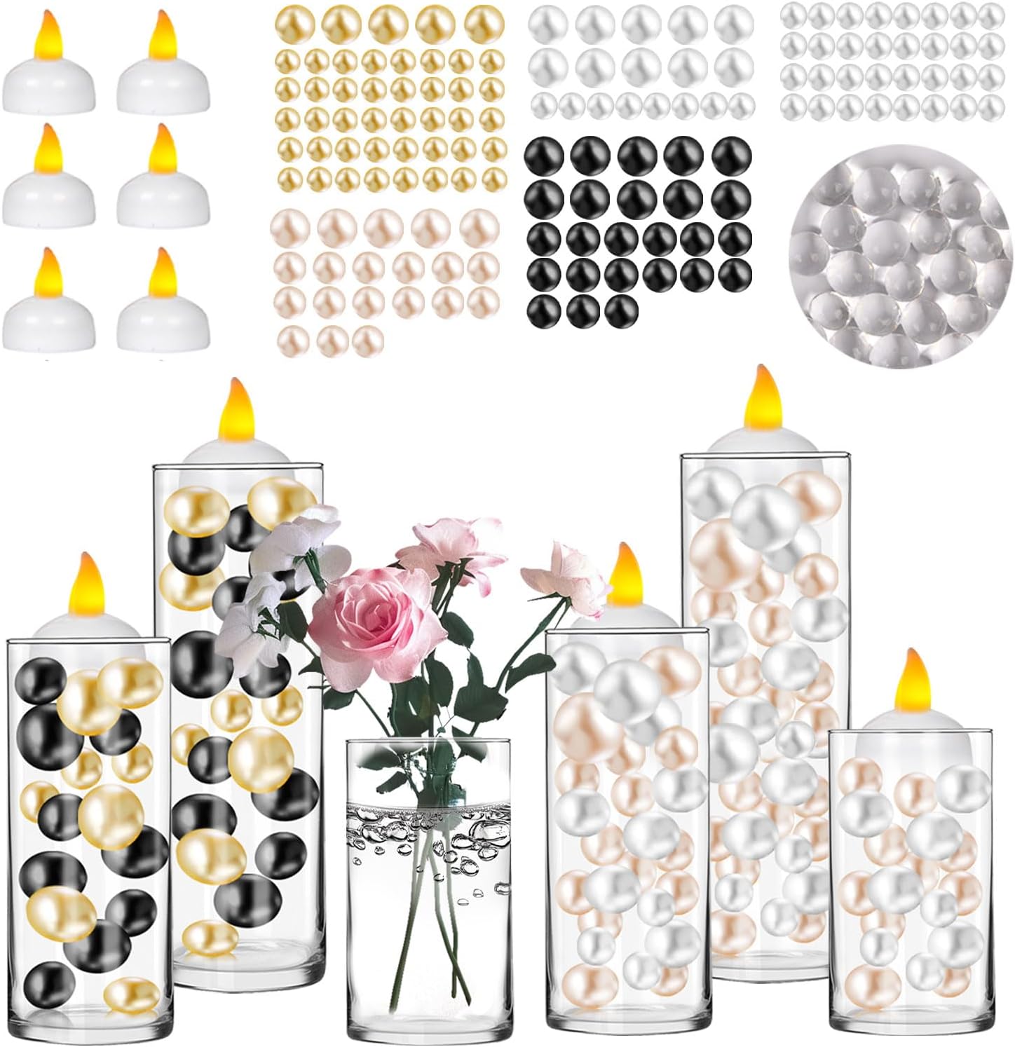 6 Piece Glass Cylinder Vase Set with Floating Candles and Filler Beads