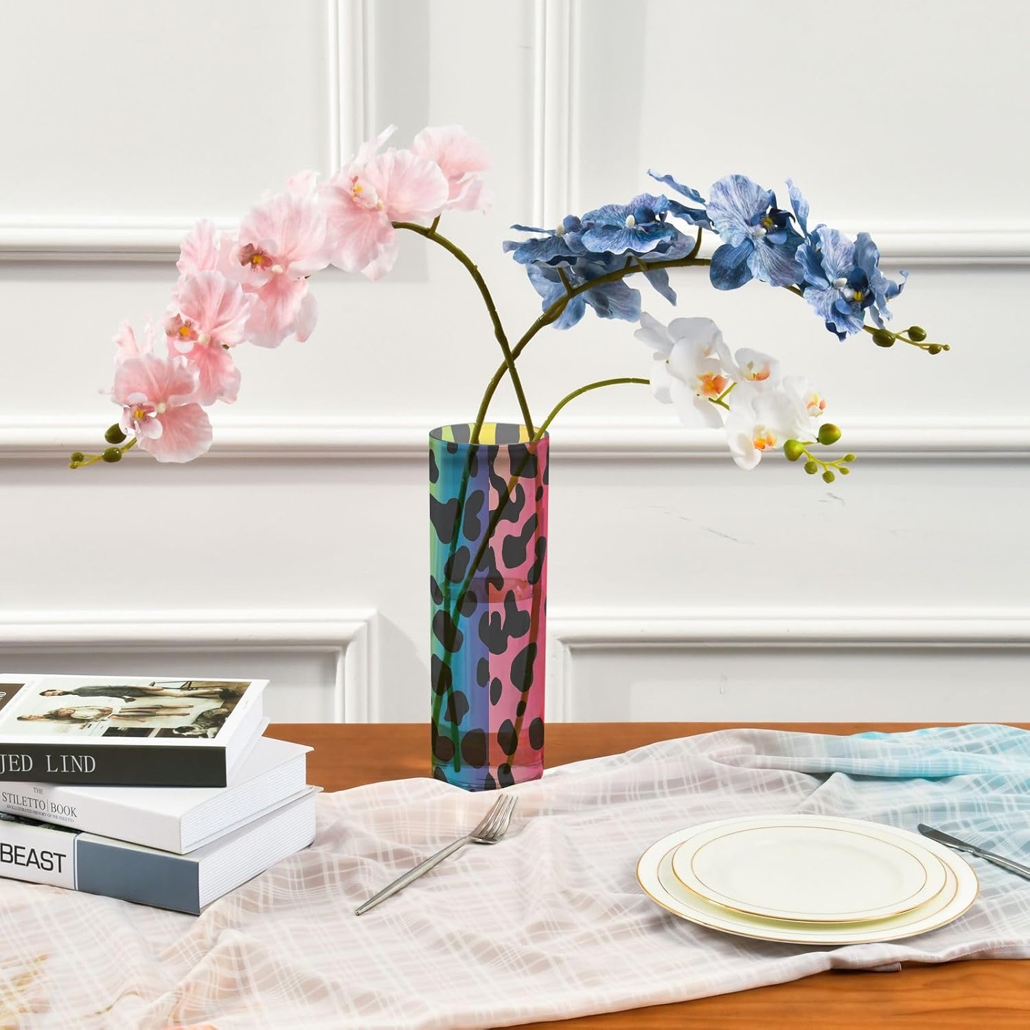 Chic Rainbow Leopard Print Plastic Cylinder Vase 118 x 39 Inch