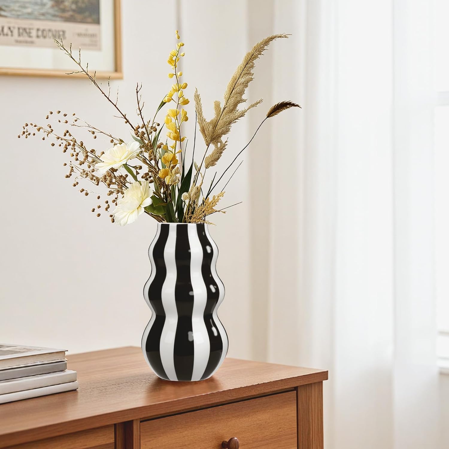 Daslich Black and White Ceramic Vase 866 in Tall Modern Striped Centerpiece