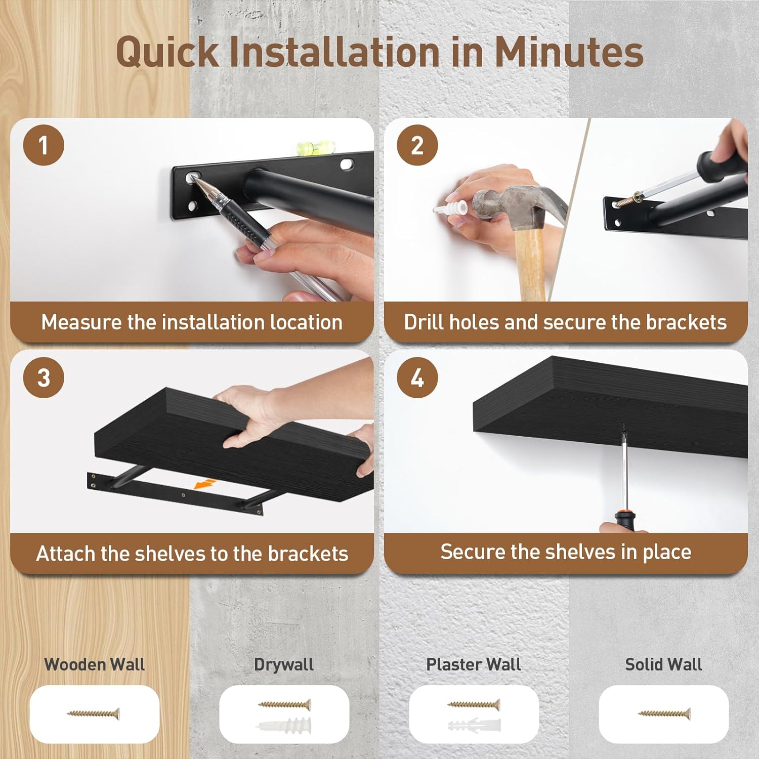 Floating Shelves for Wall 3-Piece Set with Invisible Brackets Black