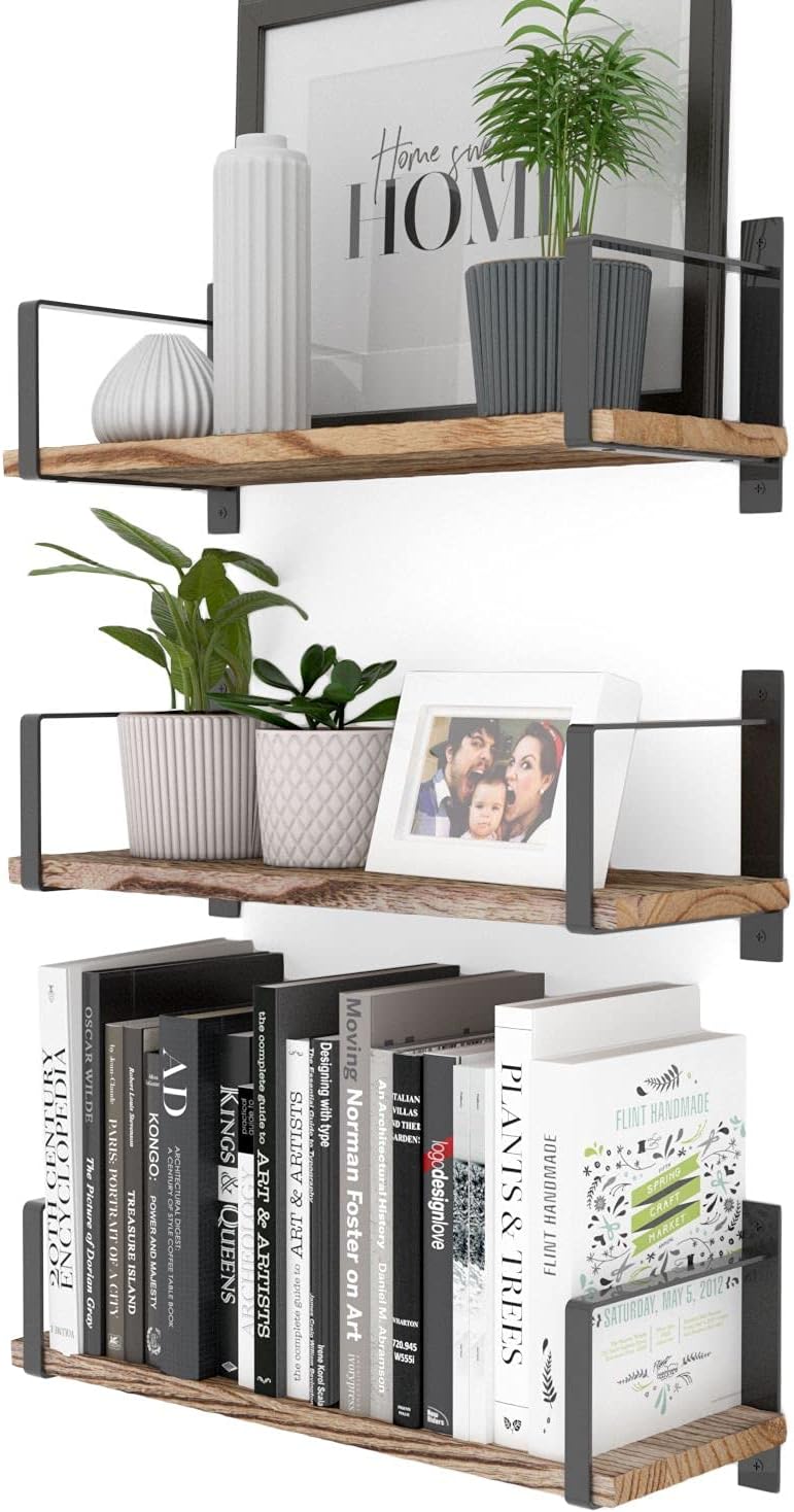 Wallniture Toledo Floating Shelves Set of 3 Burned Finish Rustic Wood