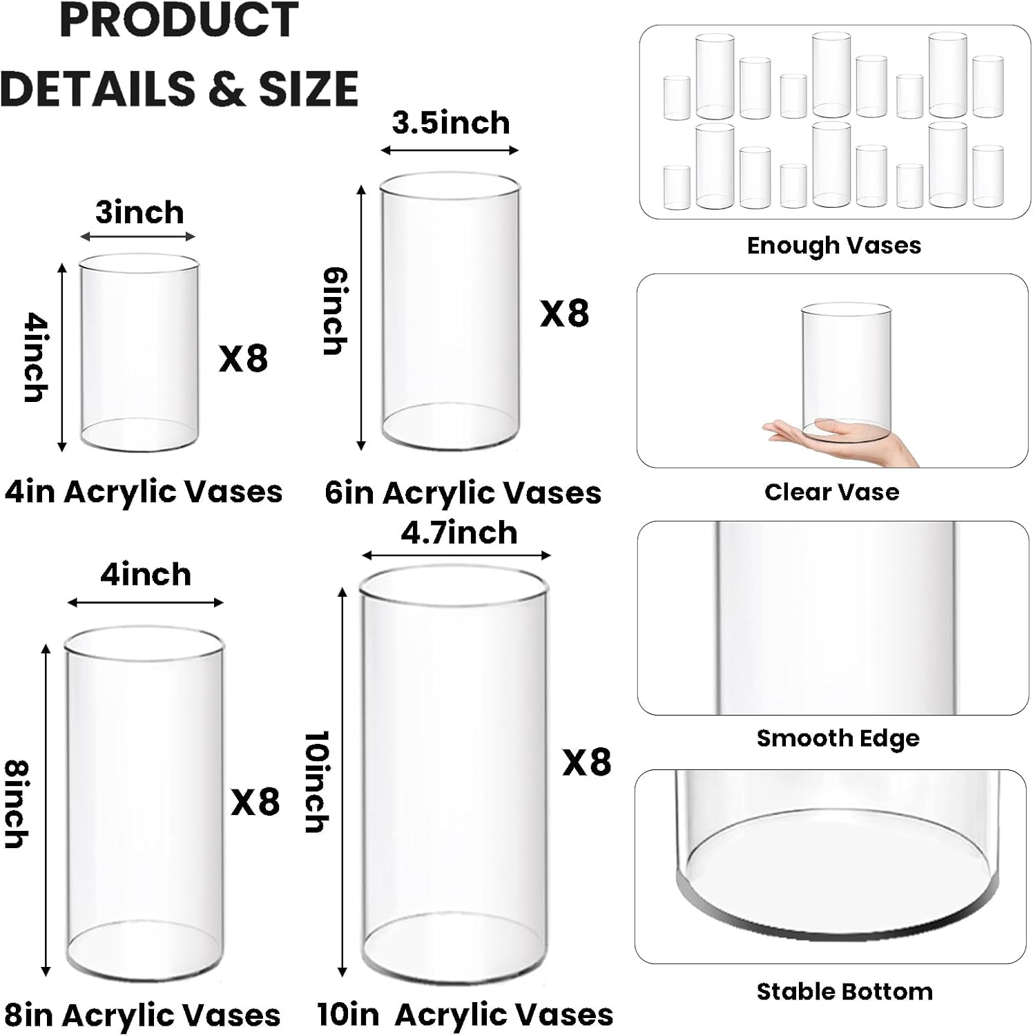32 Pack Clear Acrylic Vases Set 4 6 8 10 Inches Tall