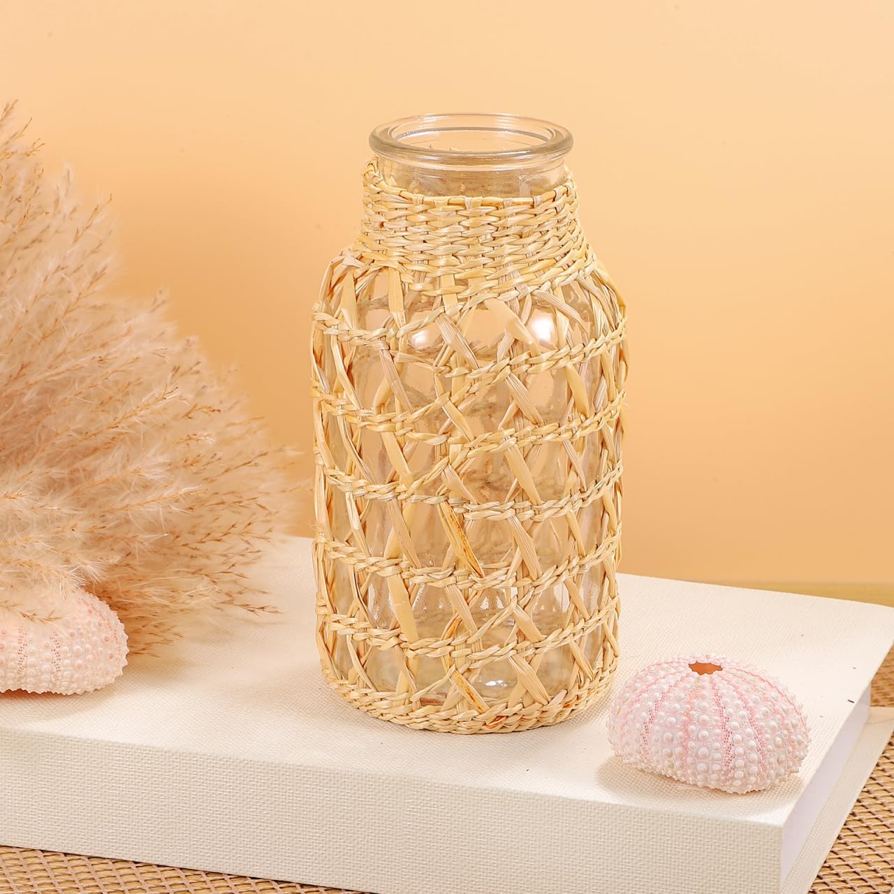 Angoily Glass Flower Vase with Rattan Woven Design