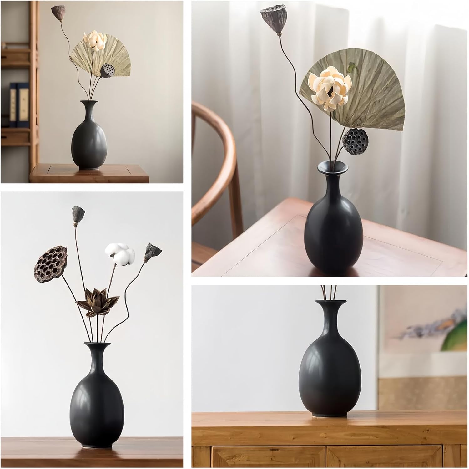 Black Ceramic Vase with Dried Flowers for Modern Decor