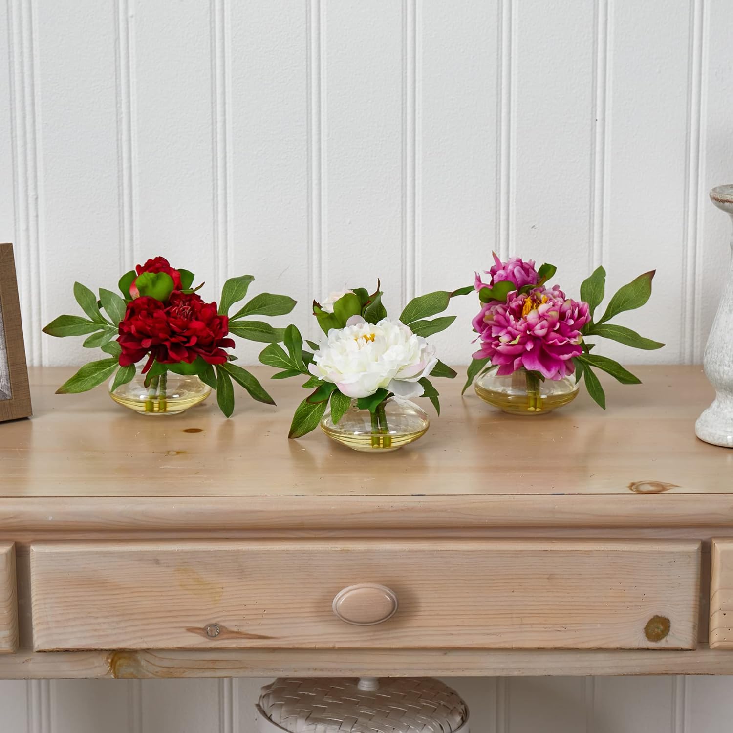 Nearly Natural Peony with Glass Vase Set of 3