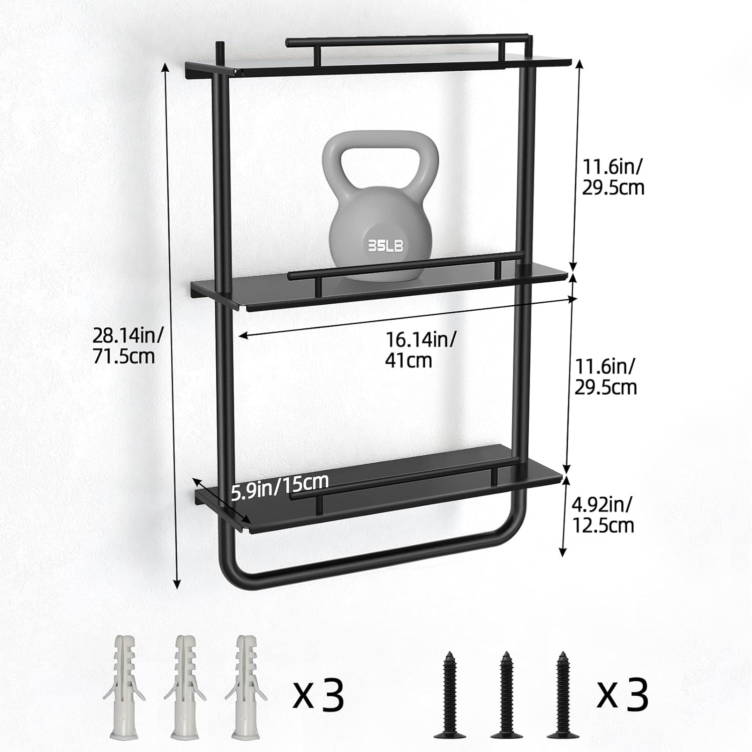 3 Tier Metal Floating Shelves Black with Frame and Towel Rack