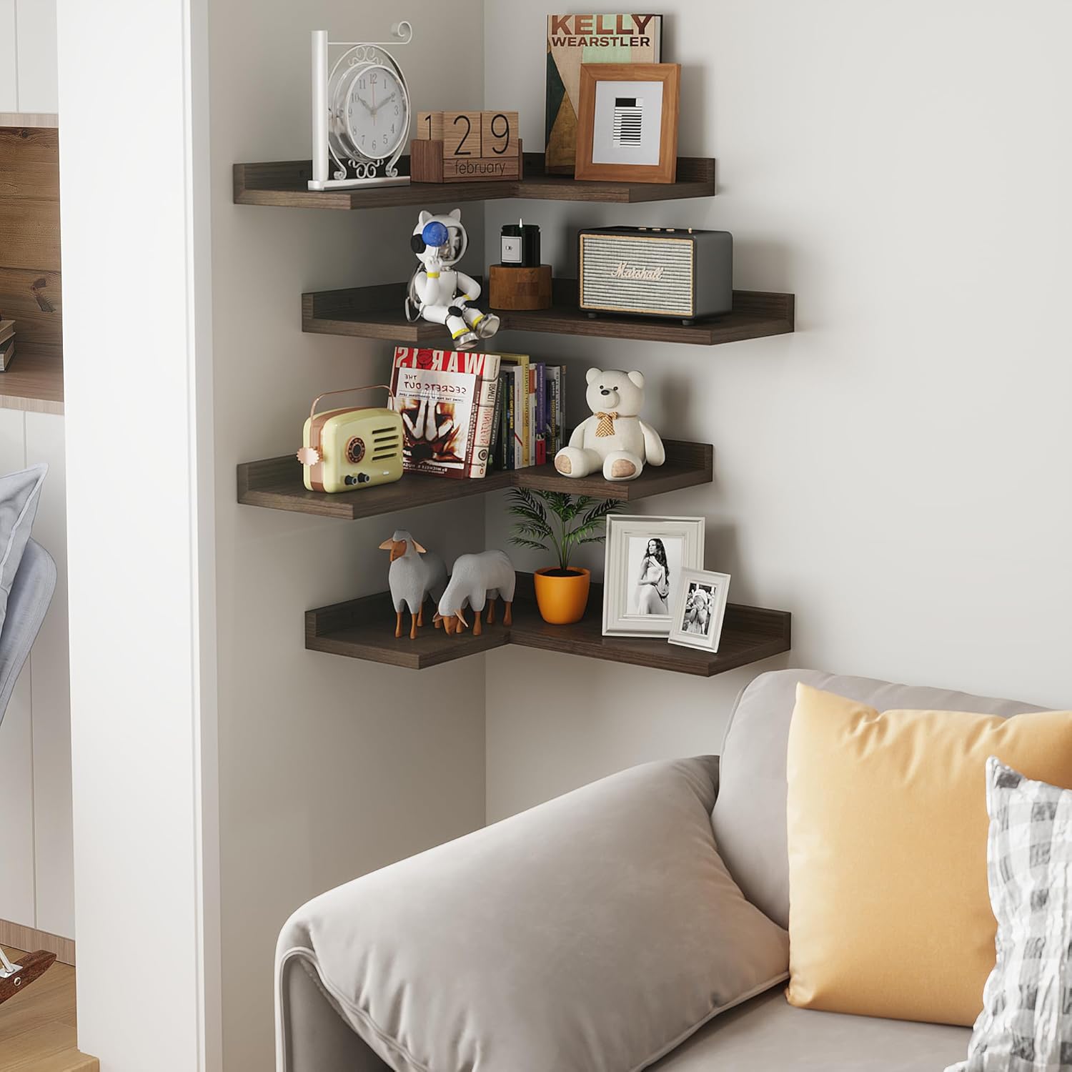 4 Tier Floating Corner Shelves - Rustic Walnut Wall Mount