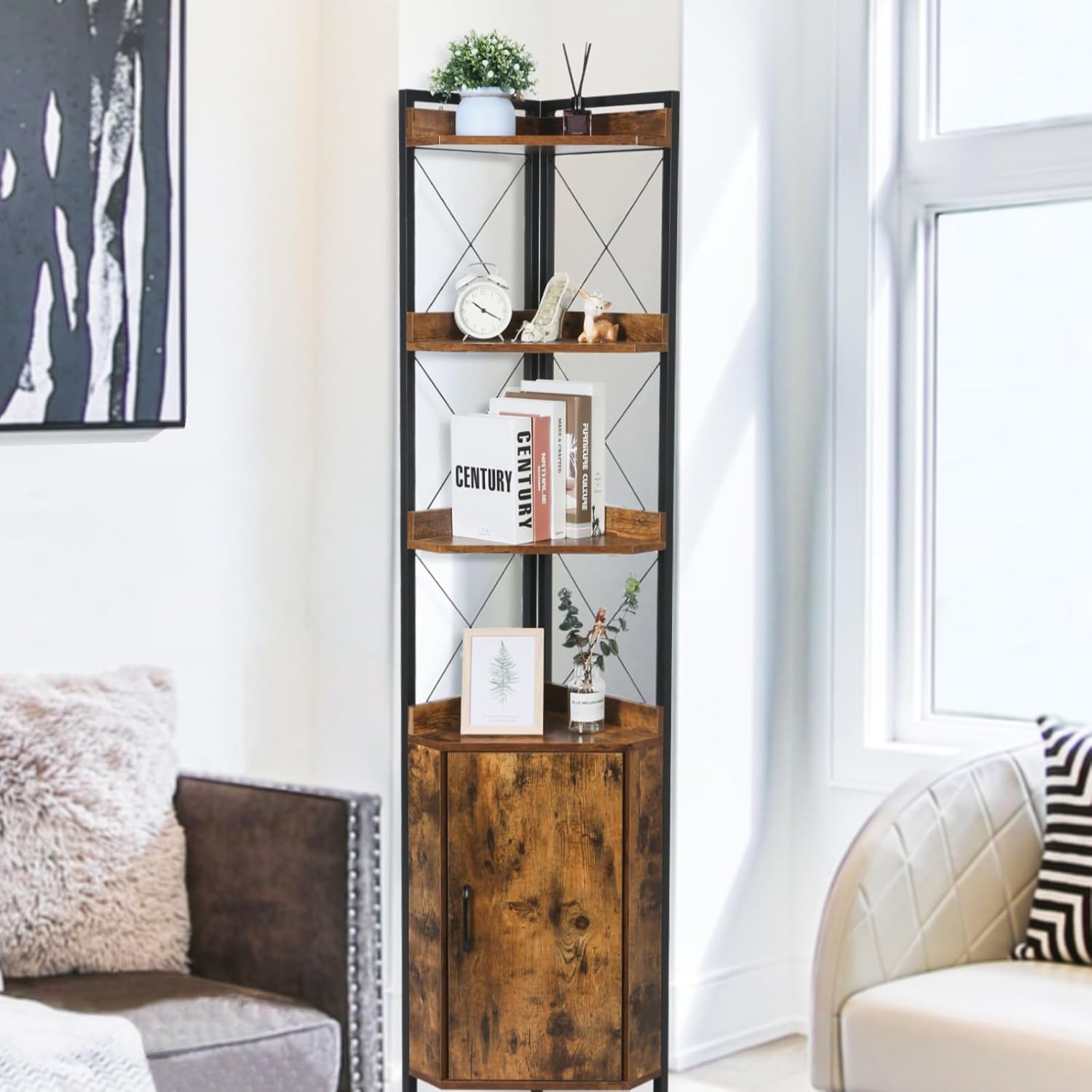 Tall Corner Shelf with 3 Tiers and Doors