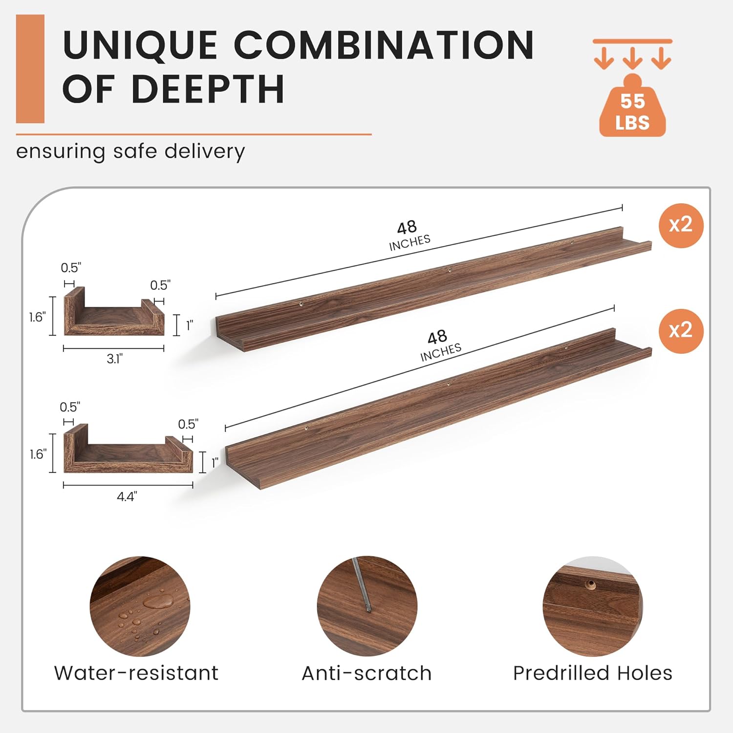 FLYJOE Floating Wall Shelves Set of 4 48 Inch Large Picture Ledge Bookshelf