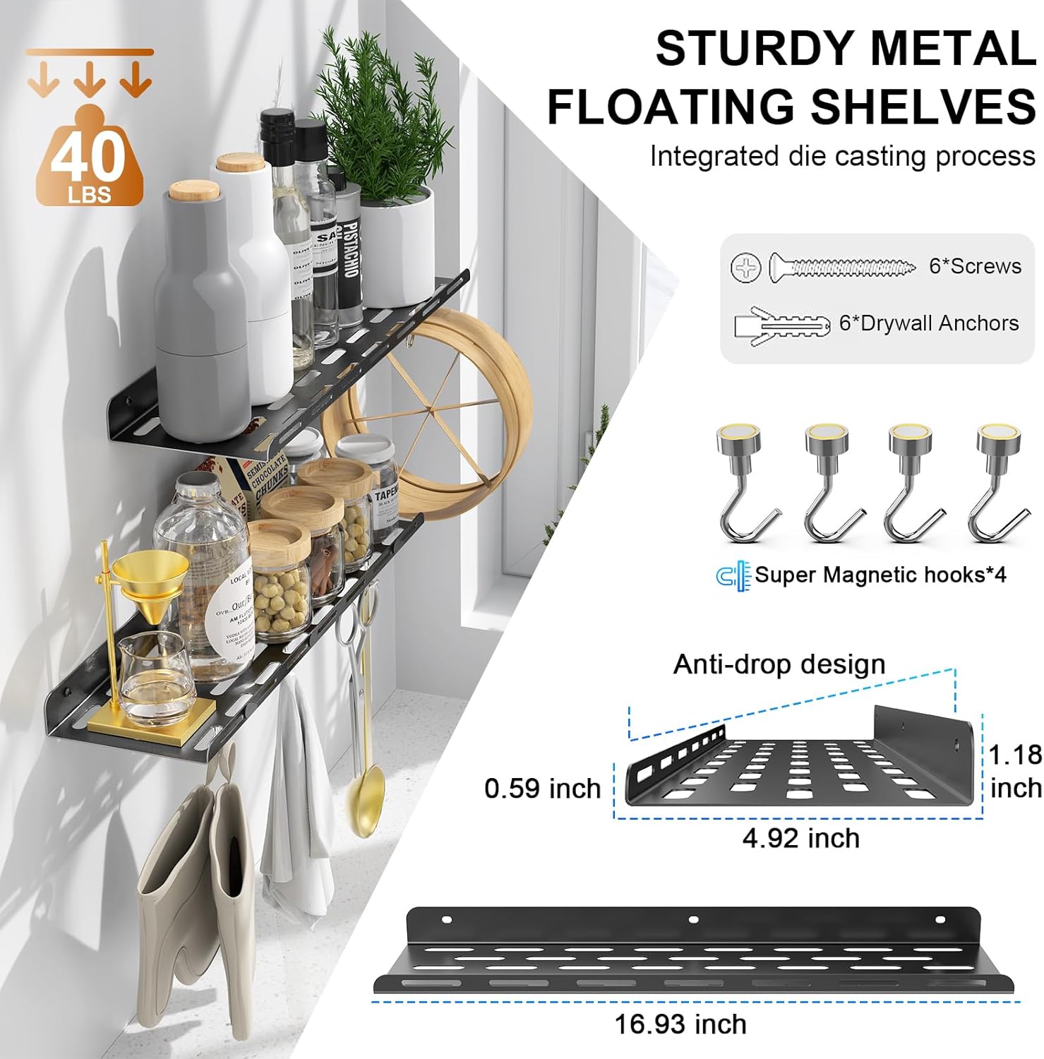 Kerisgo Floating Bookshelf Set of 2 with Magnetic Hooks Black