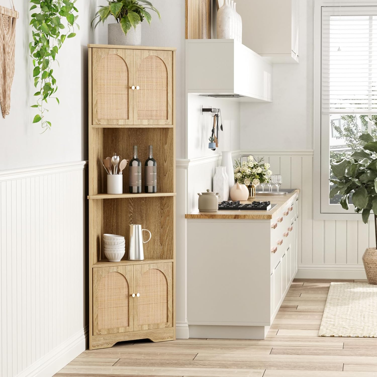 57H Tall Corner Cabinet with Handmade Rattan Doors