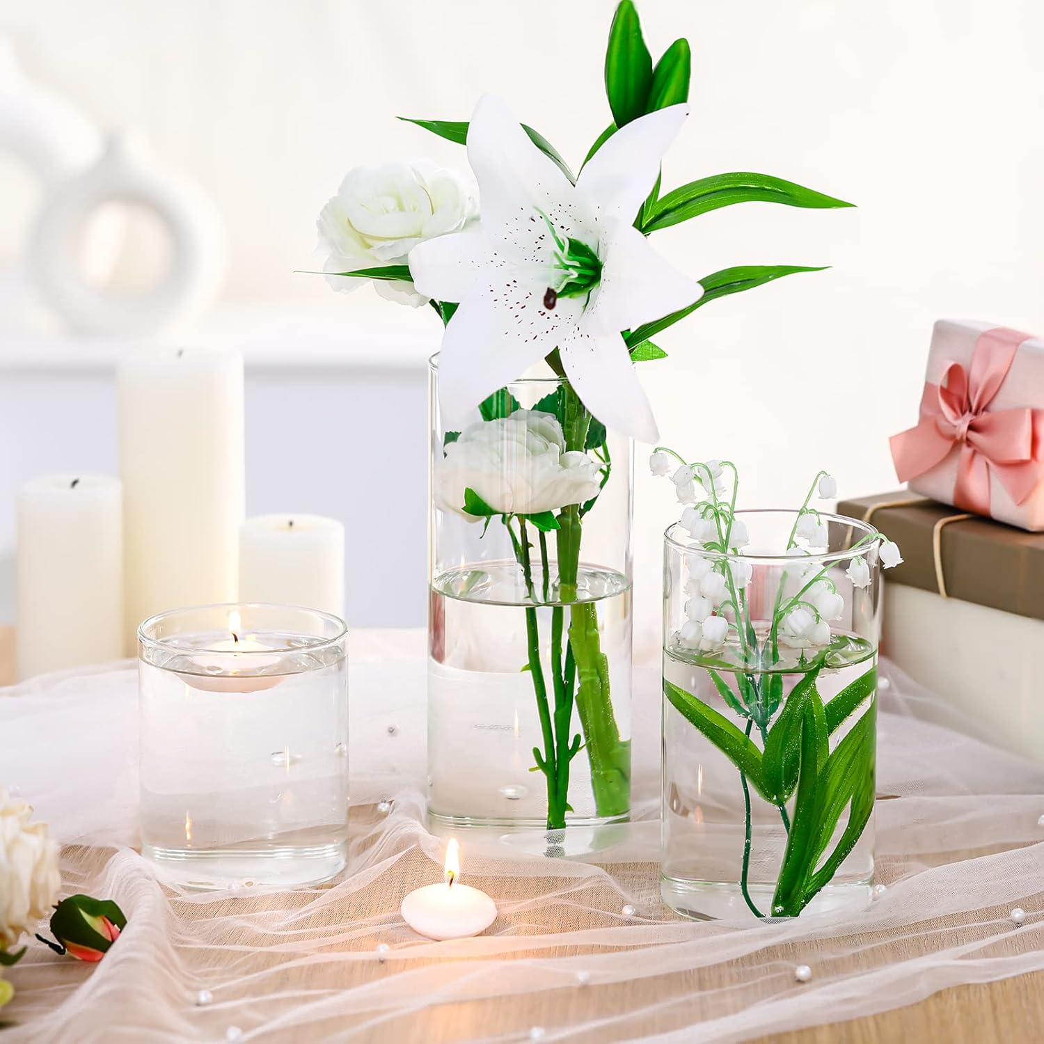 Jinei 12 Pack Glass Cylinder Vases with Floating Candles
