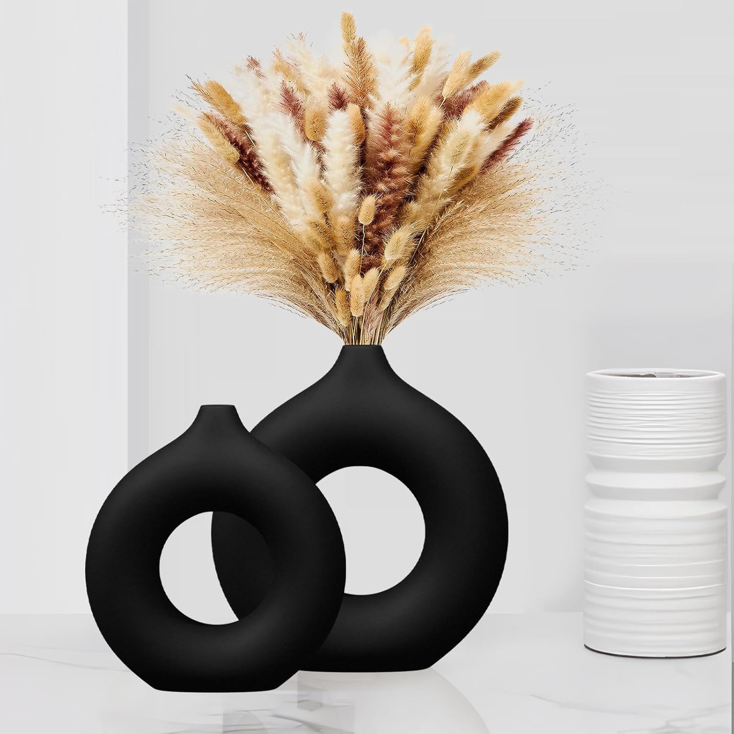 Black Matte Ceramic Donut Vase Set of 2