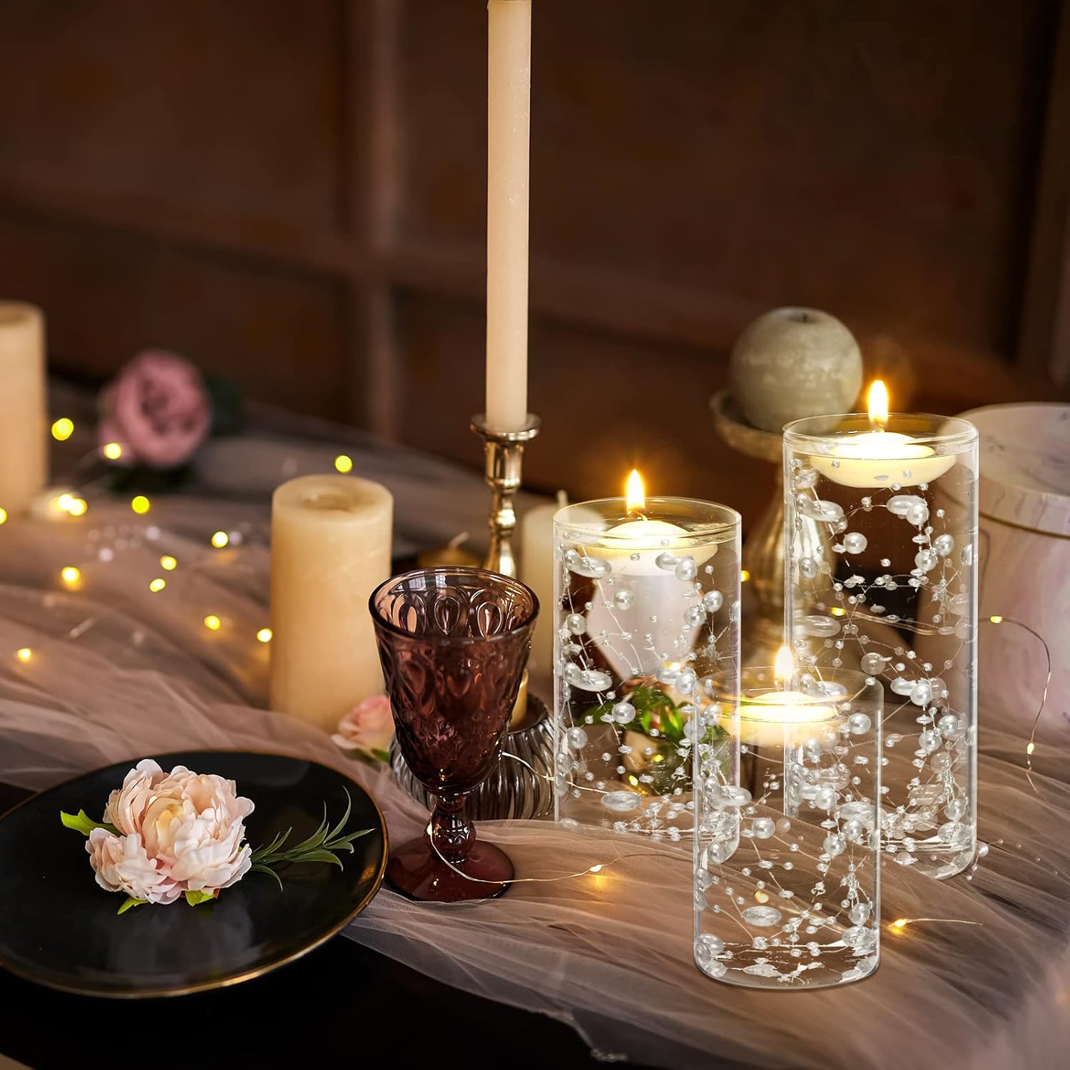 Hoolerry 9 Piece Glass Cylinder Vase Set with Floating Candles and Pearl Strings