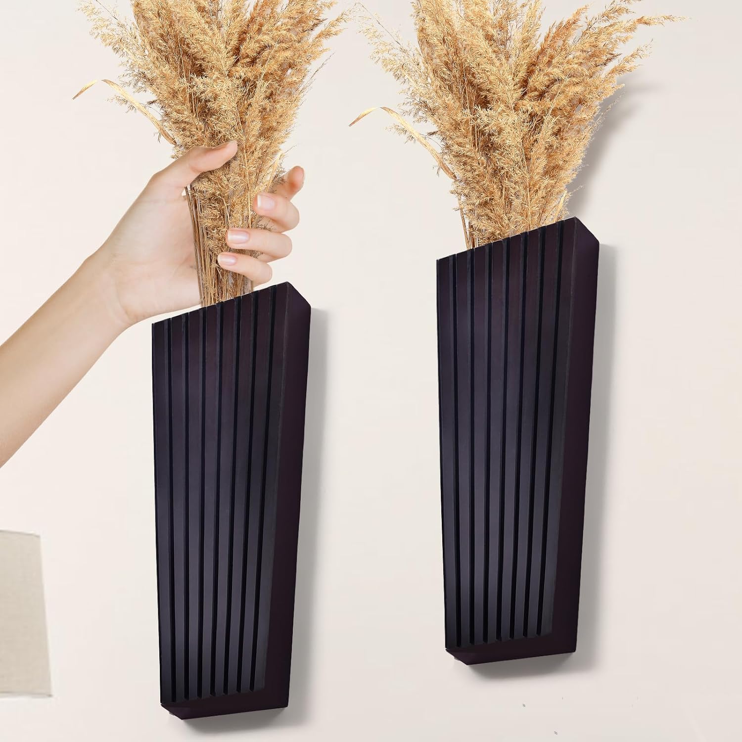 2PCS Black Wood Wall Planter for Indoor Plants and Dried Flowers