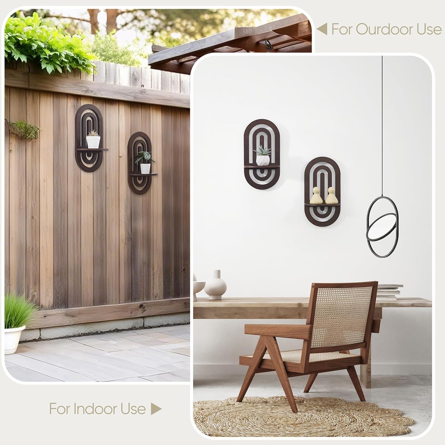 Boho Wall Floating Shelves Set of 2 with Arched Design Dark Brown
