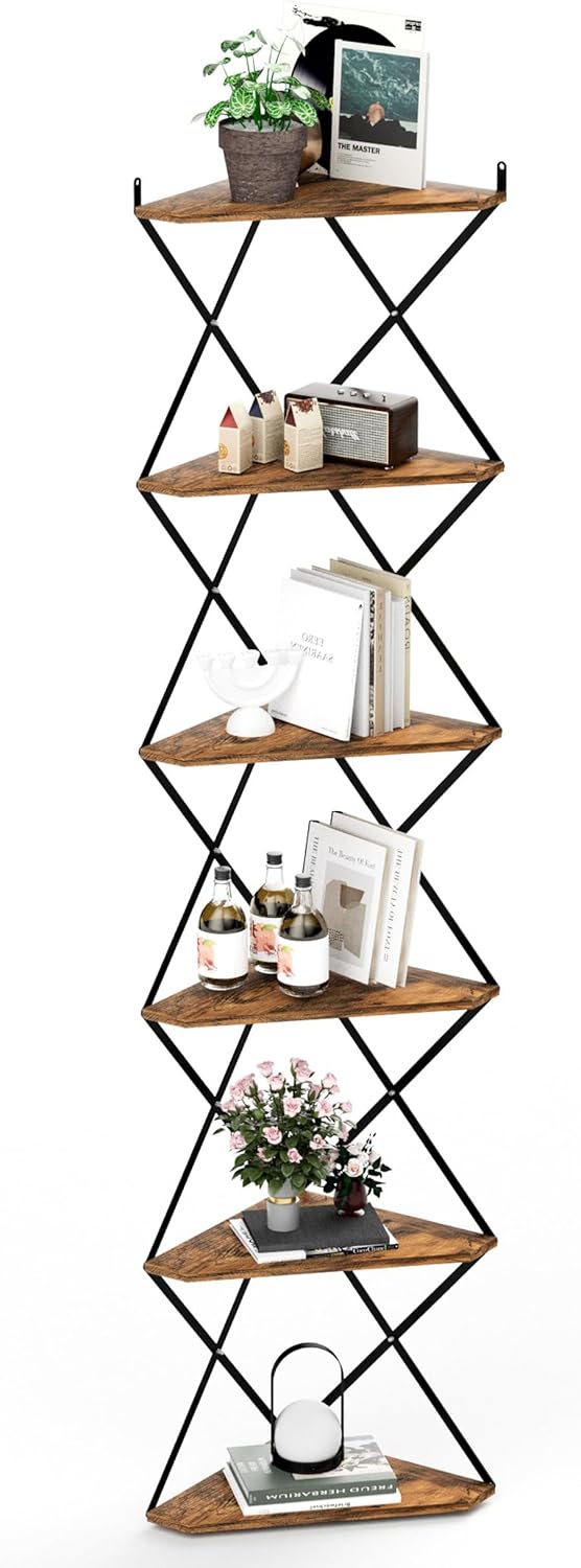 6 Tier Wall Mounted Corner Shelf Stand Industrial Rustic Brown