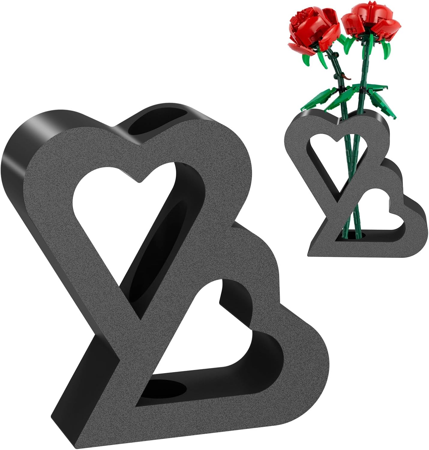 Double Heart Vase for LEGO Flower Building Sets - Black