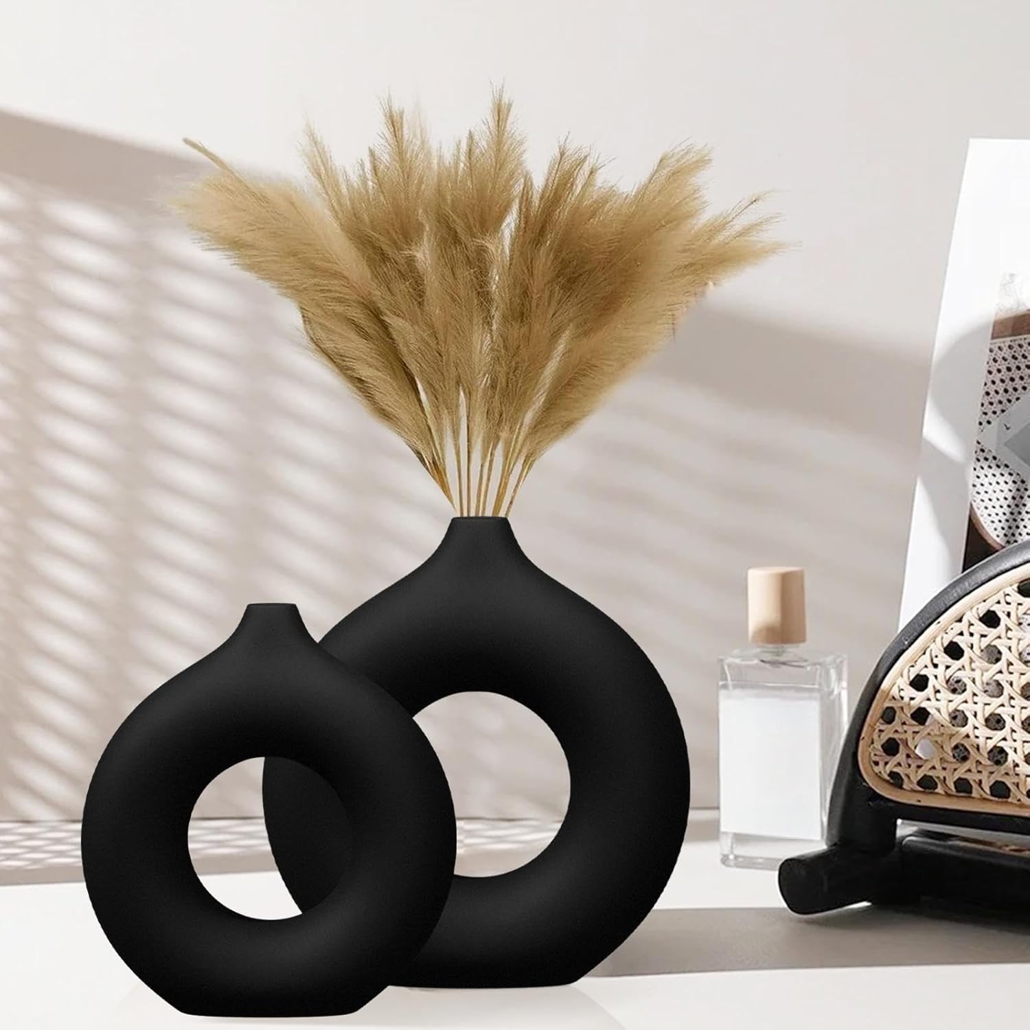 Black Matte Ceramic Donut Vase Set of 2