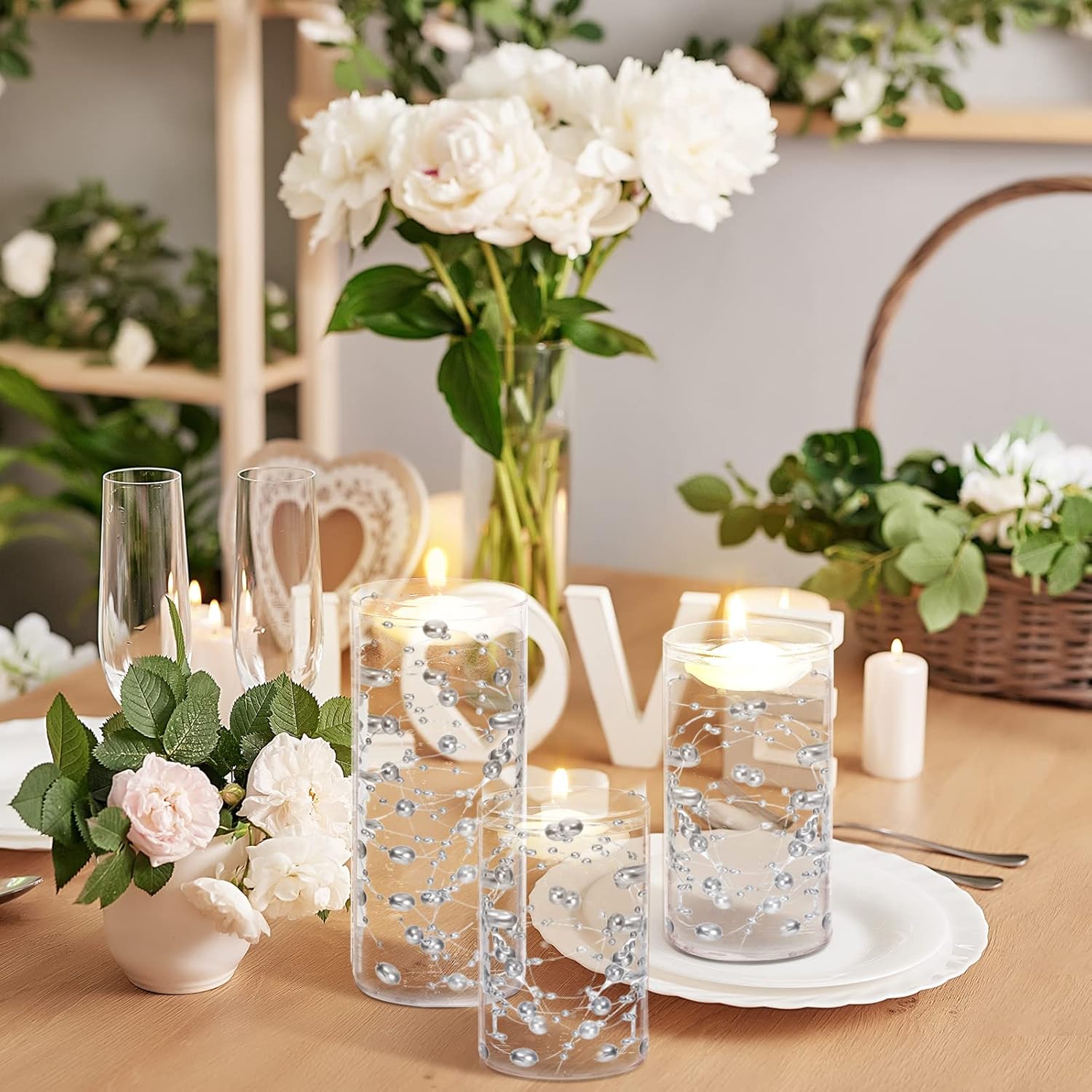 Hoolerry 9 Piece Glass Cylinder Vase Set with Floating Candles and Pearl Strings