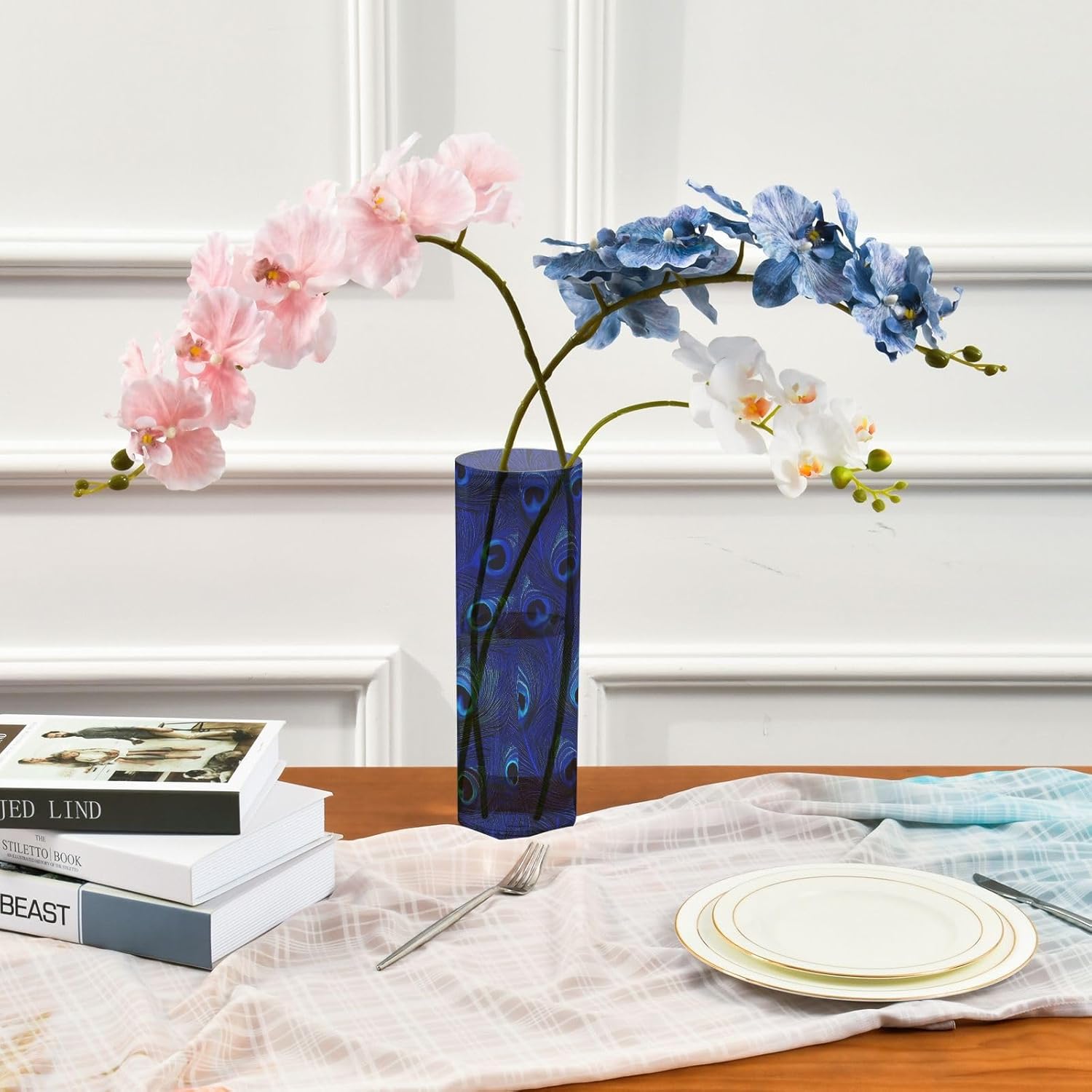 Blue Peacock Feathers Plastic Cylinder Vase Decor