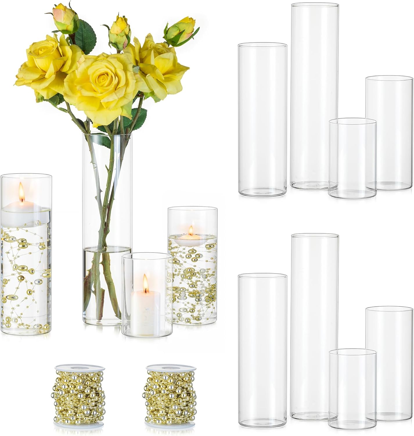 Hewory Clear Glass Cylinder Vases Set of 12 with Pearl String