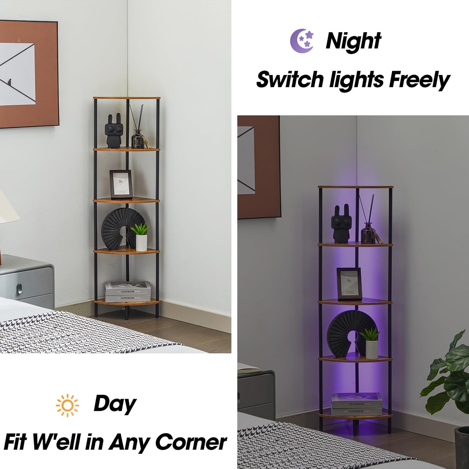 5-Tier Corner Bookshelf with LED Light Strips