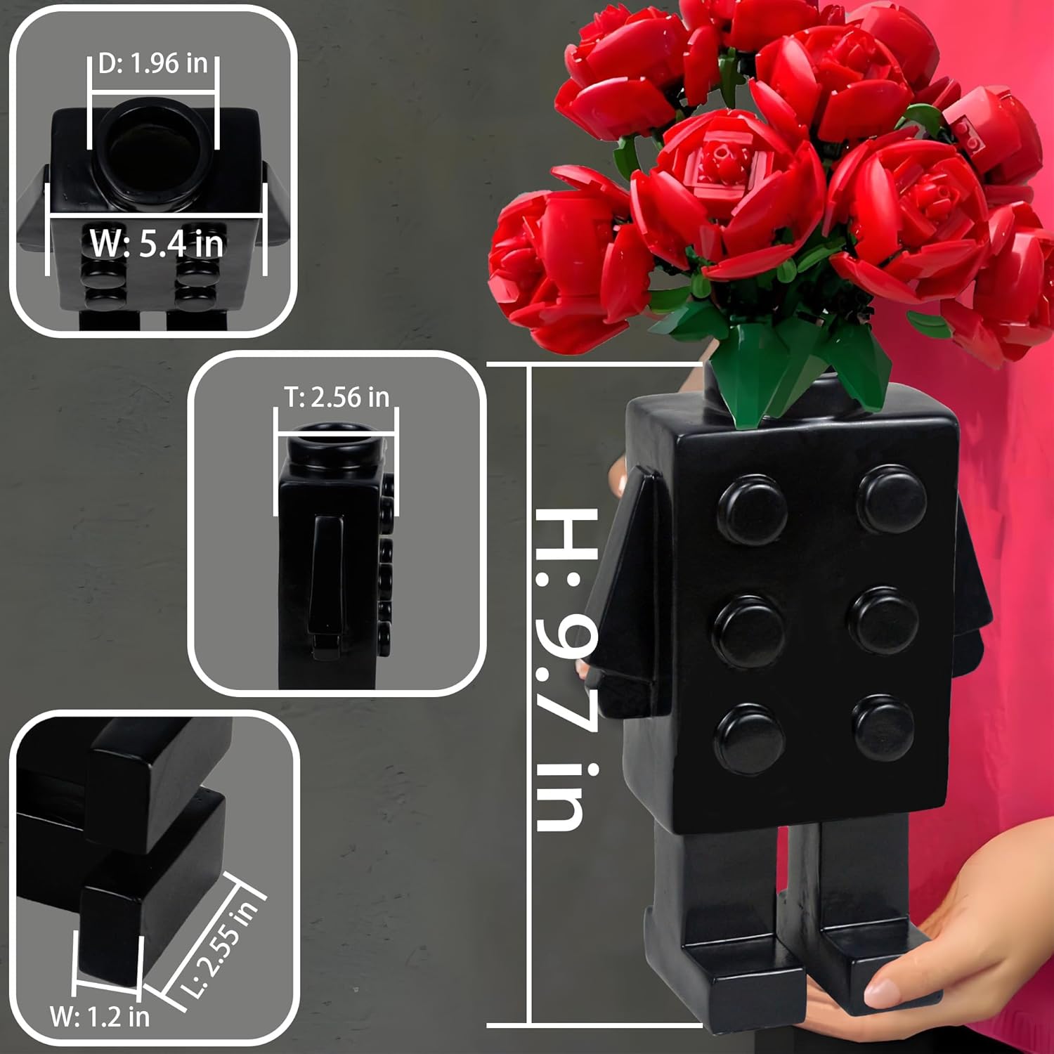 Cute Resin Building Block Vase Black Unique Decor