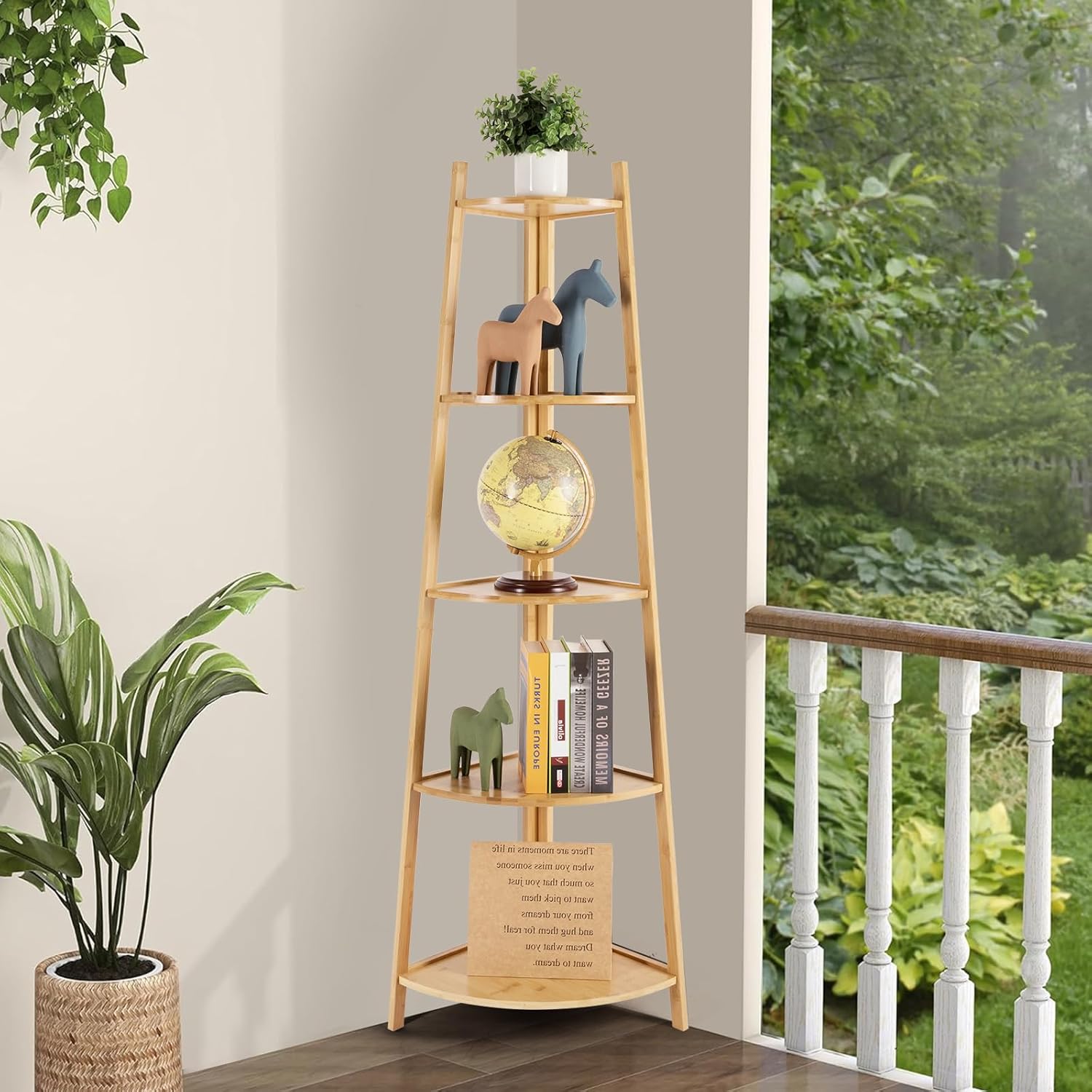 OUTREE Bamboo Corner Shelf 5 Tier Bookshelf Stand