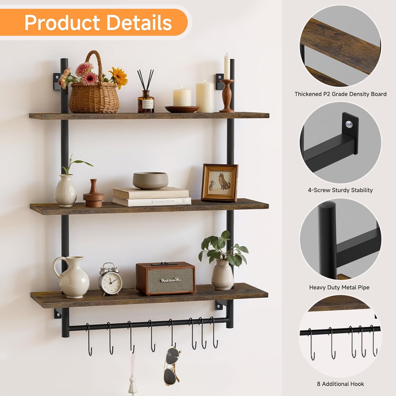 Industrial Pipe 3-Tier Wall Shelves with Towel Bar