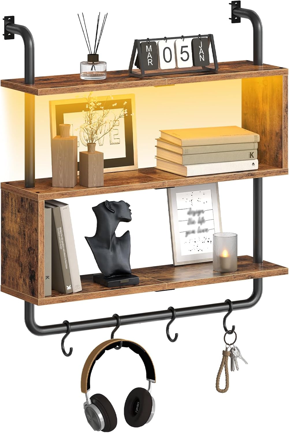 HOOBRO Floating Shelves with LED Lights 3-Tier Wall Mounted Display Rack