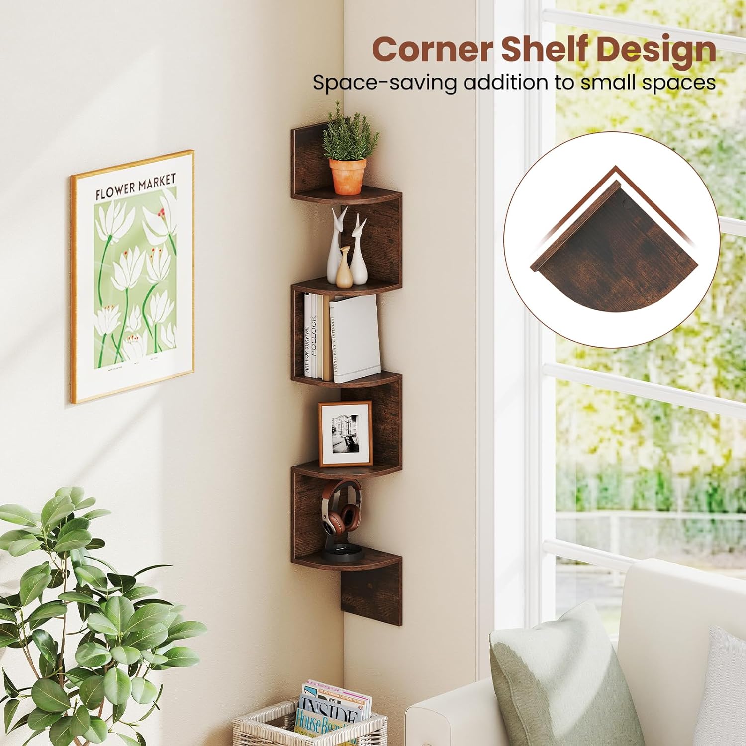 Giantex 5-Tier Floating Corner Bookshelf Wall Mounted Rustic Brown