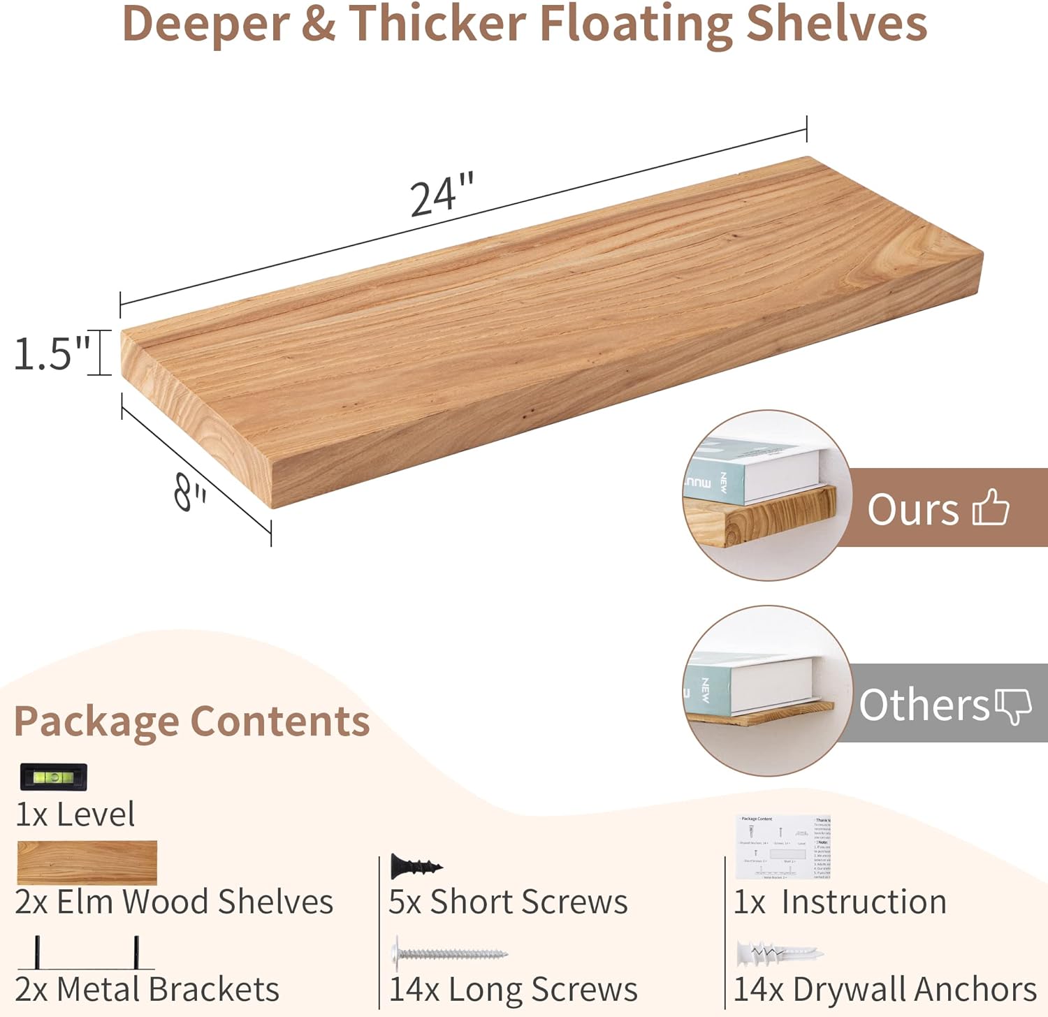 Axeman 24 Inch Rustic Floating Wall Shelves 2PCs Natural
