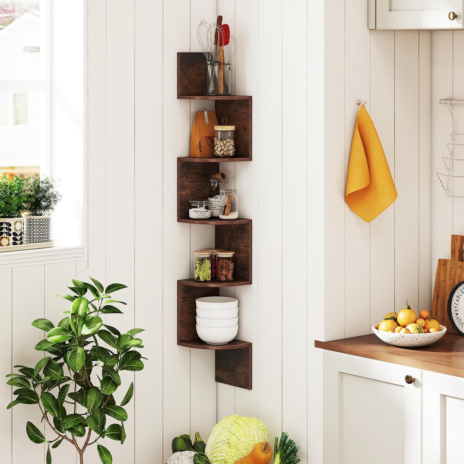 Giantex 5-Tier Floating Corner Bookshelf Wall Mounted Rustic Brown