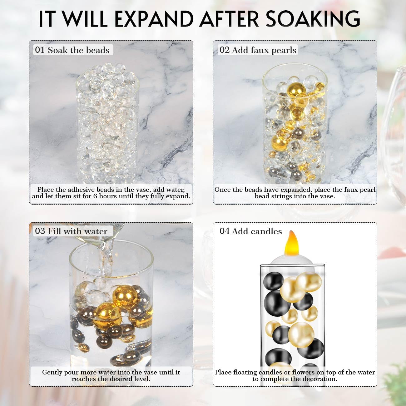 6 Piece Glass Cylinder Vase Set with Floating Candles and Filler Beads