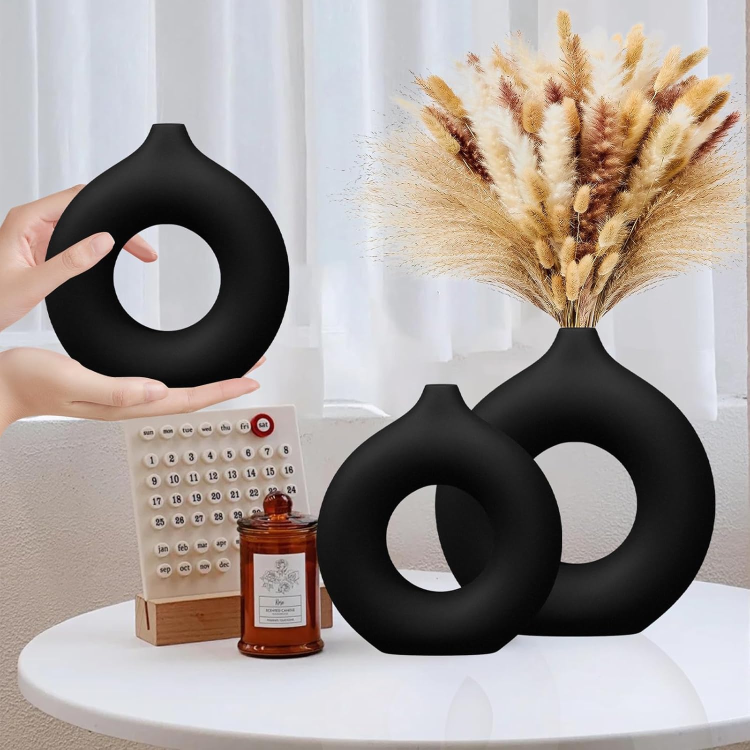 Black Matte Ceramic Donut Vase Set of 2