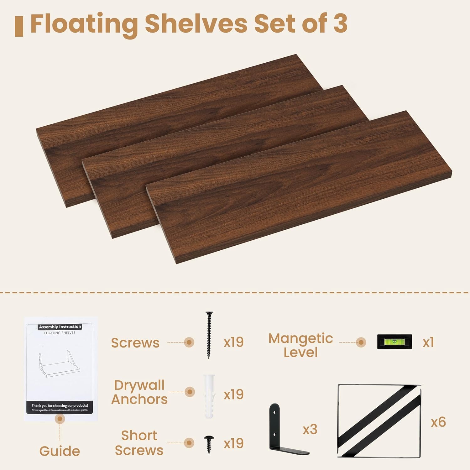 Set of 3 Floating Shelves 24 Inches Deep Walnut