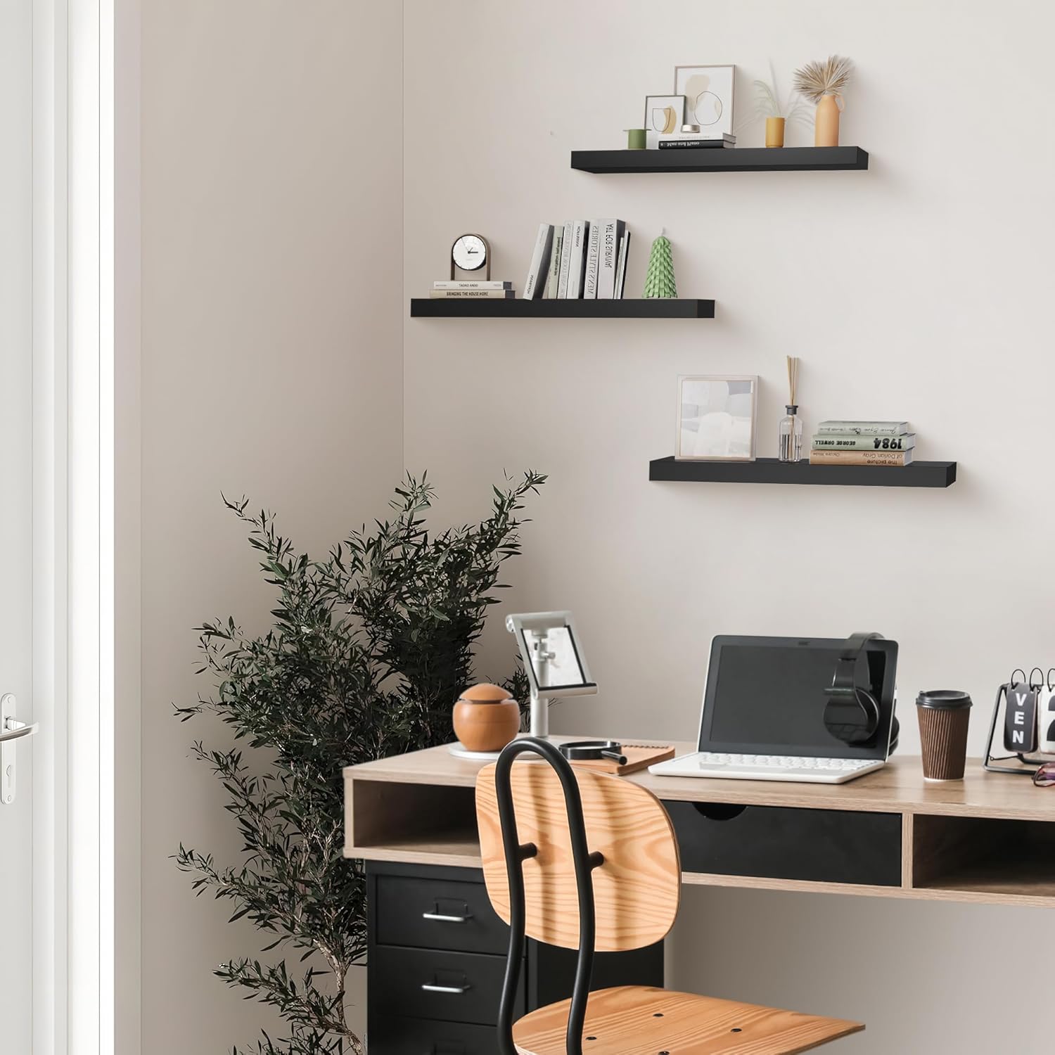 Colima Set of 3 Floating Wall Shelves Black Wood