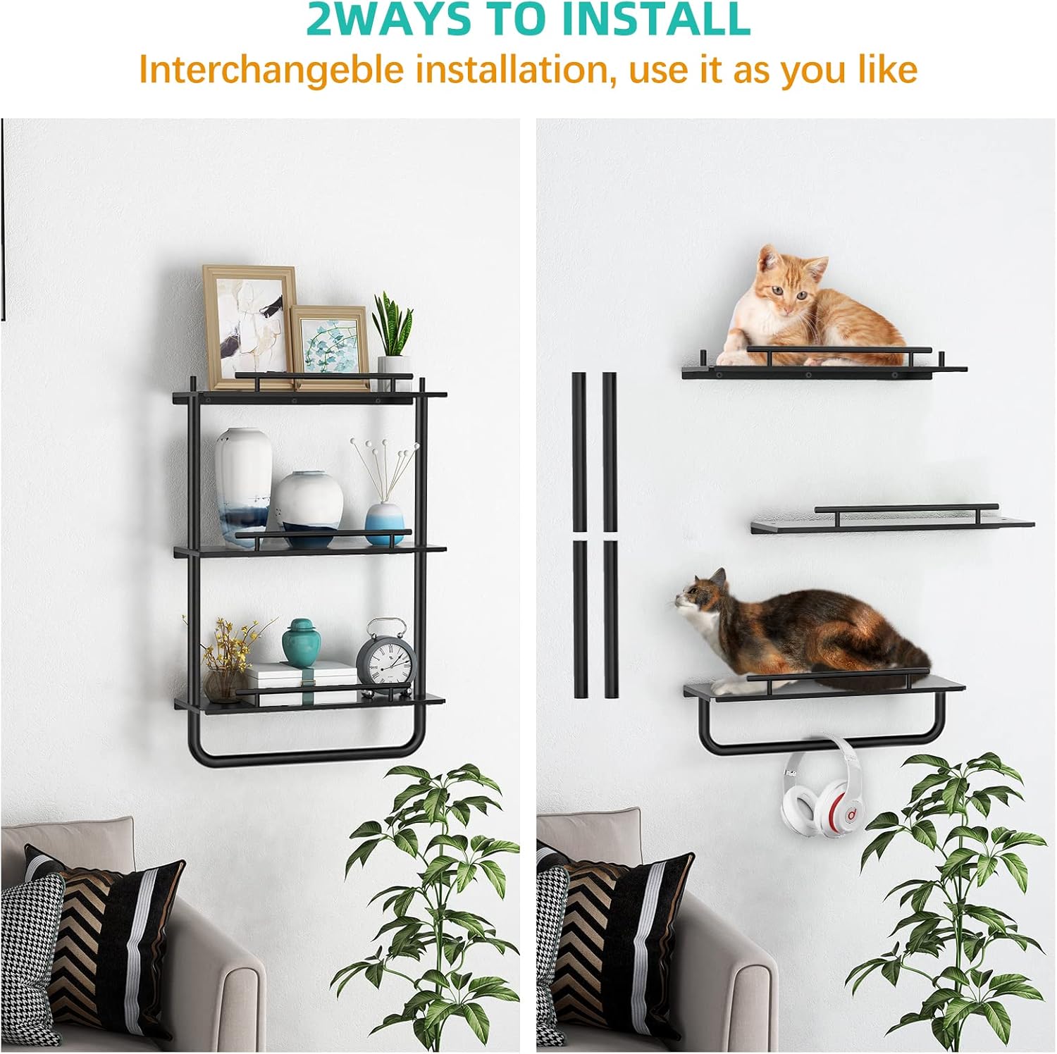 3 Tier Metal Floating Shelves Black with Frame and Towel Rack