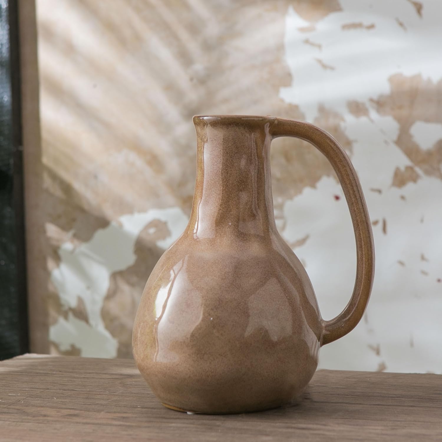 Brown Ceramic Vase with Big Handle for Farmhouse Decor