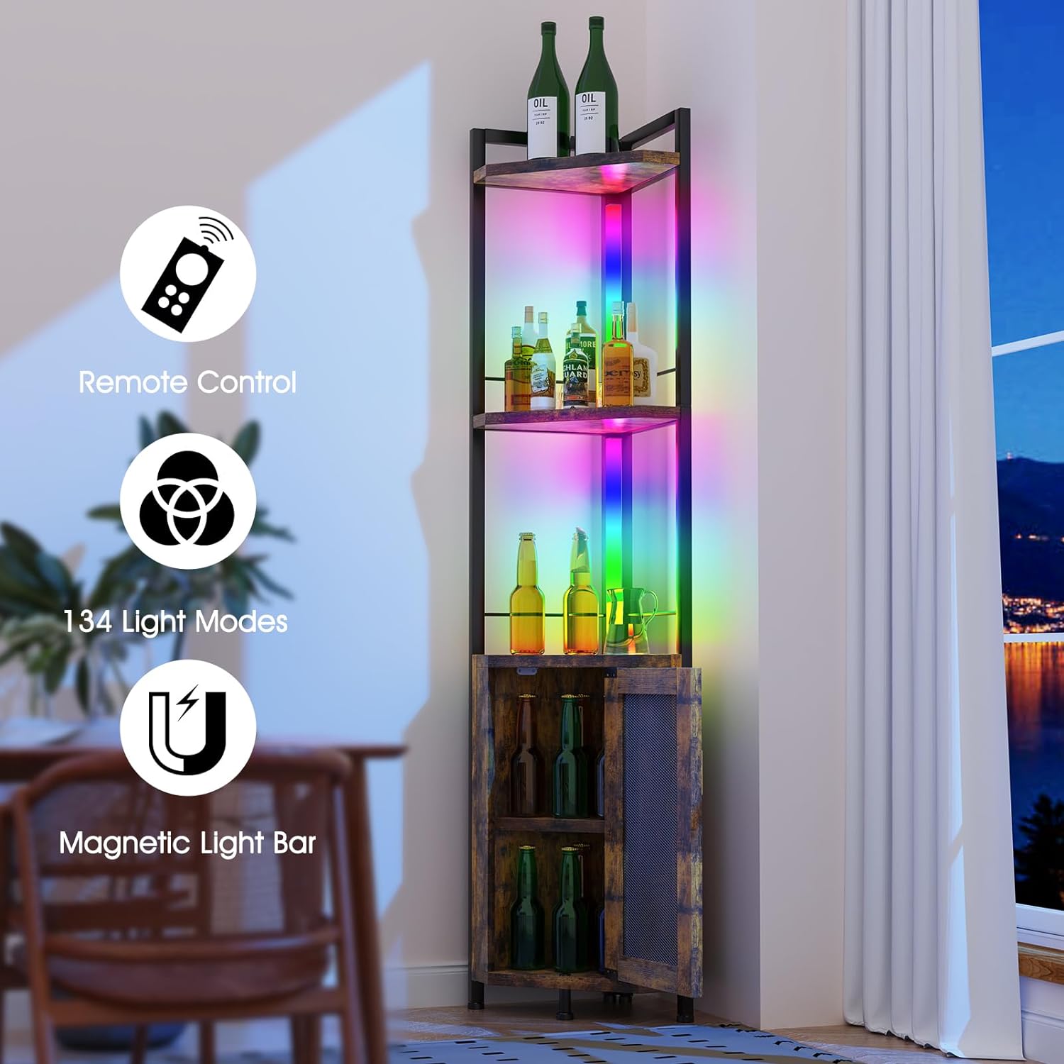 RGB Light Bar Iron Wood Corner Shelf Decor Cabinet