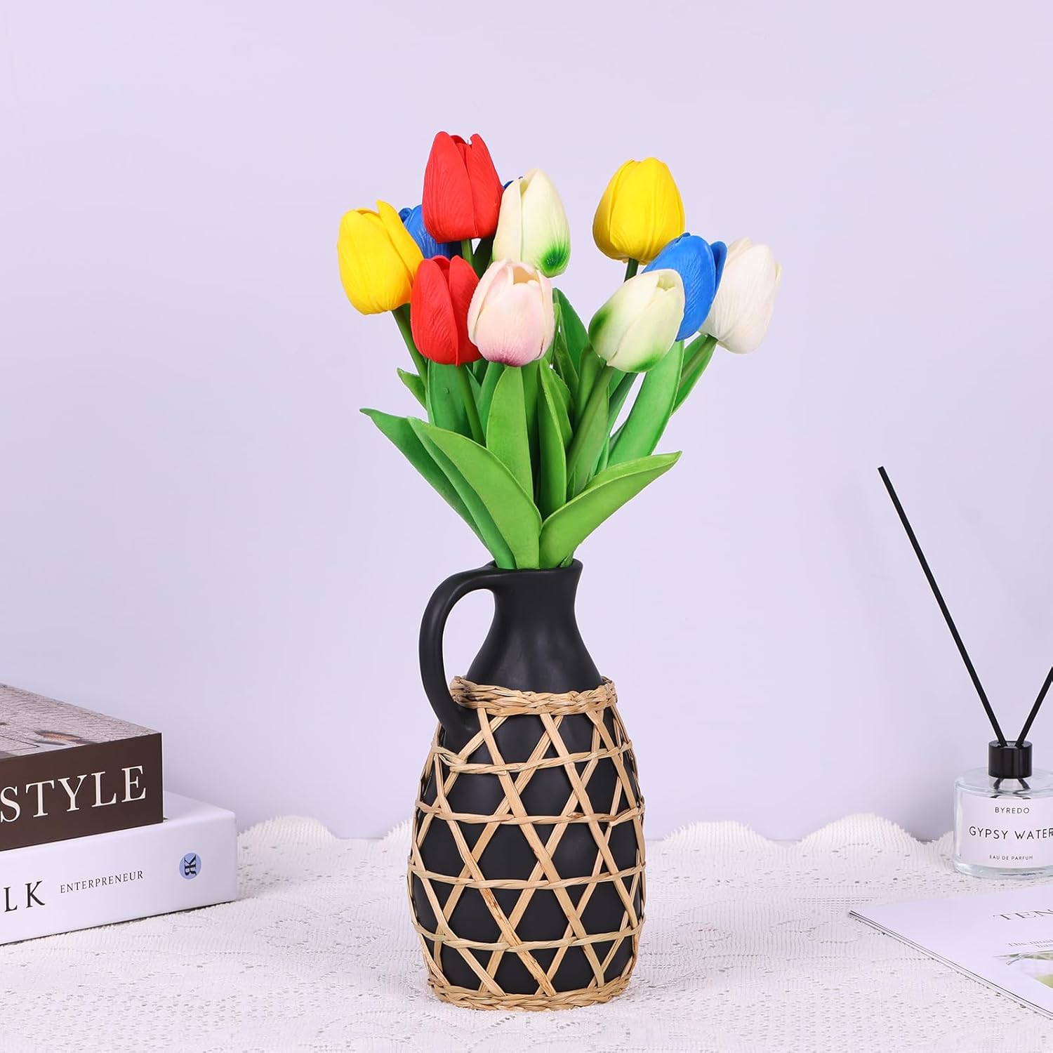 Rustic Farmhouse Ceramic Vase with Hand Woven Raffia