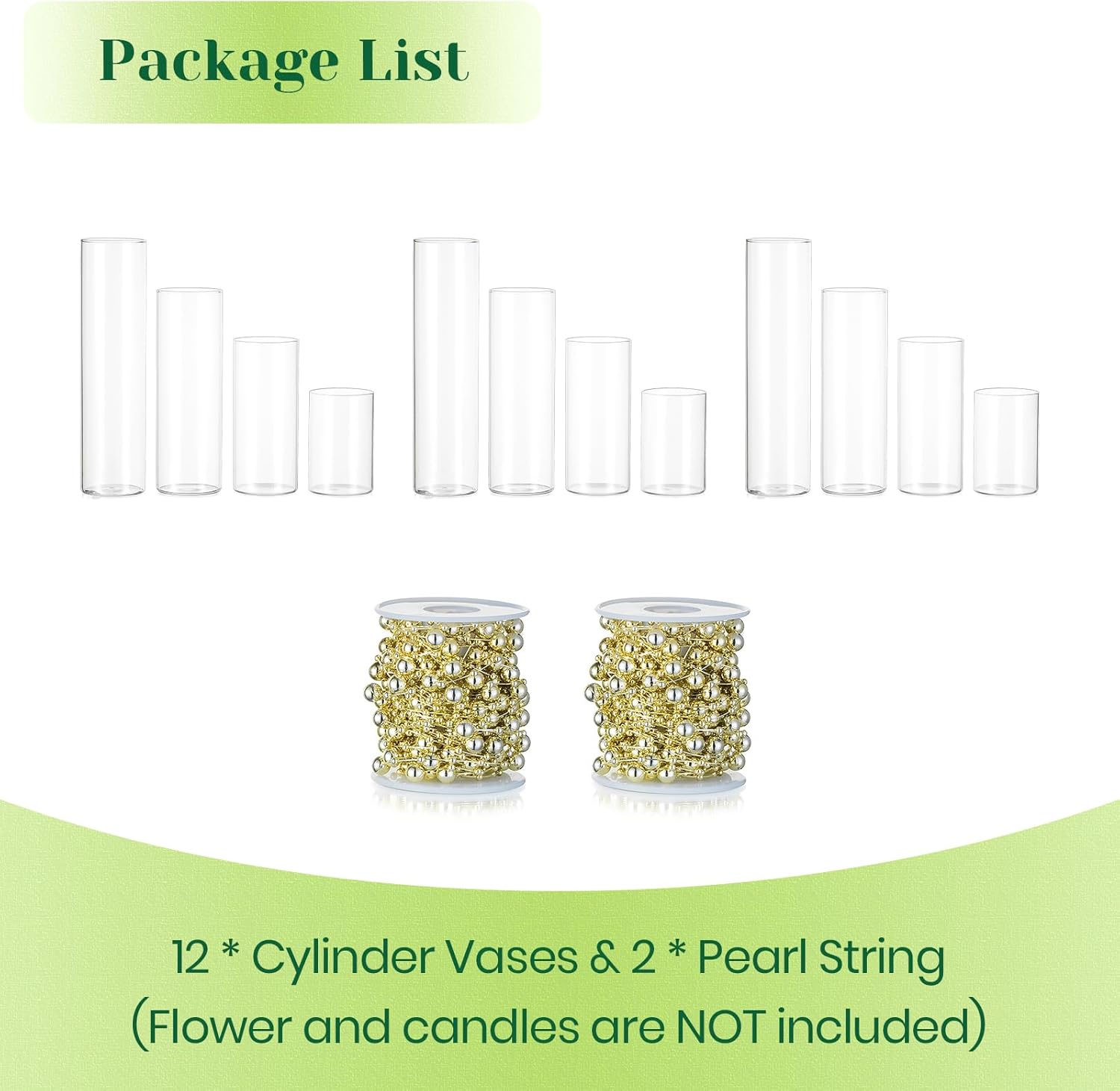 Hewory Clear Glass Cylinder Vases Set of 12 with Pearl String