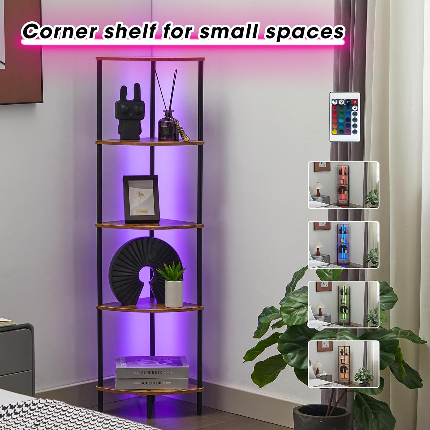 5-Tier Corner Bookshelf with LED Light Strips